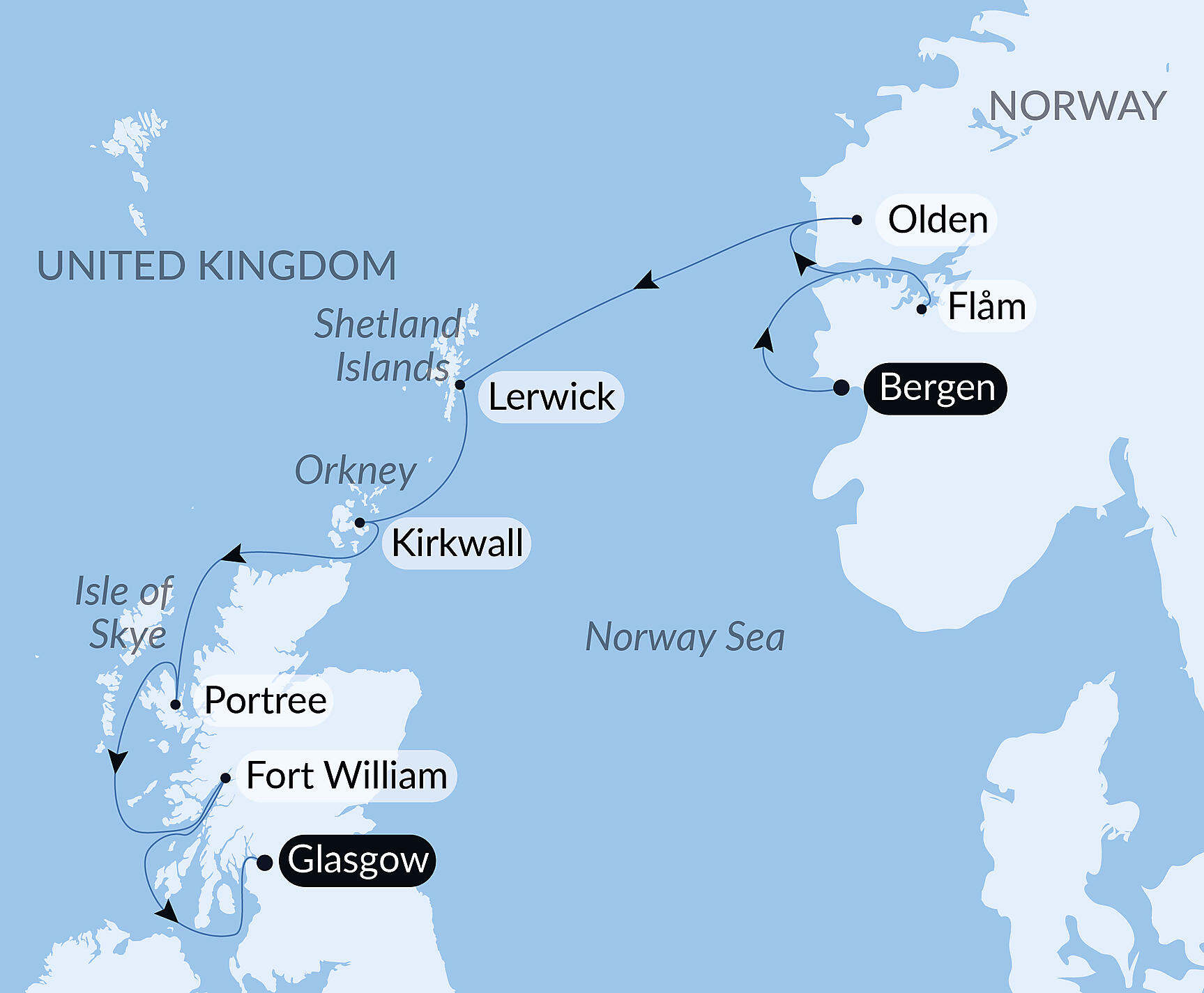 Official PONANT route map for Scottish Isles and Norwegian Fjords Voyage – with Smithsonian Journeys aboard Le Champlain, Voyage EC270827