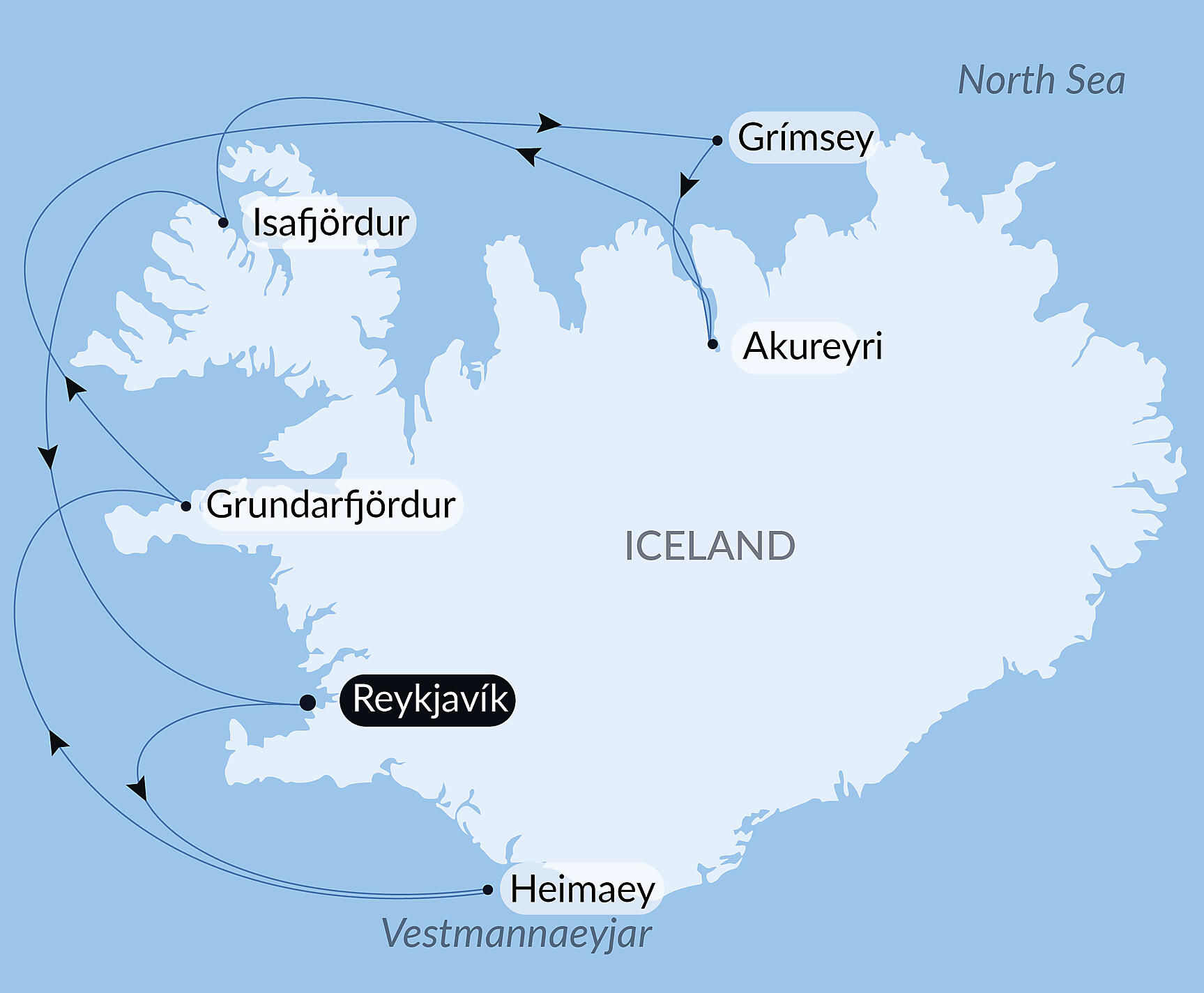 Official PONANT route map for Icelandic mosaic aboard L'Austral, Voyage AU160727