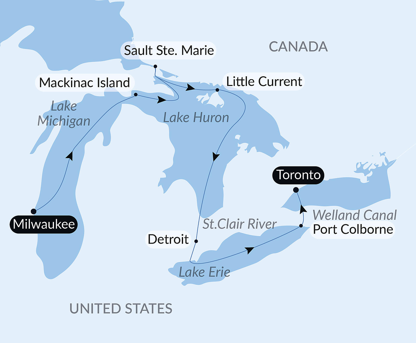 Official PONANT route map for A Voyage Along the Great Lakes – with Smithsonian Journeys aboard Le Bellot, Voyage EE210827