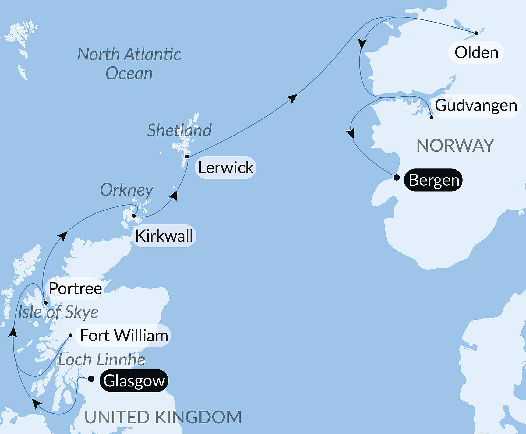 Official PONANT route map for Scottish Isles and Norwegian Fjords Voyage – with Smithsonian Journeys aboard Le Lapérouse, Voyage ER240527