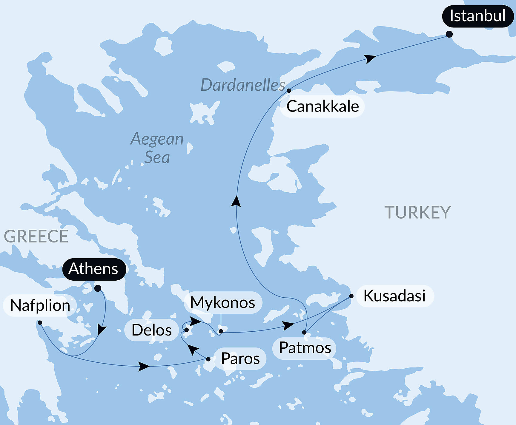 Official PONANT route map for Cruising the Aegean: Turkey and the Greek Isles – with Smithsonian Journeys aboard Le Dumont d'Urville, Voyage EU141027