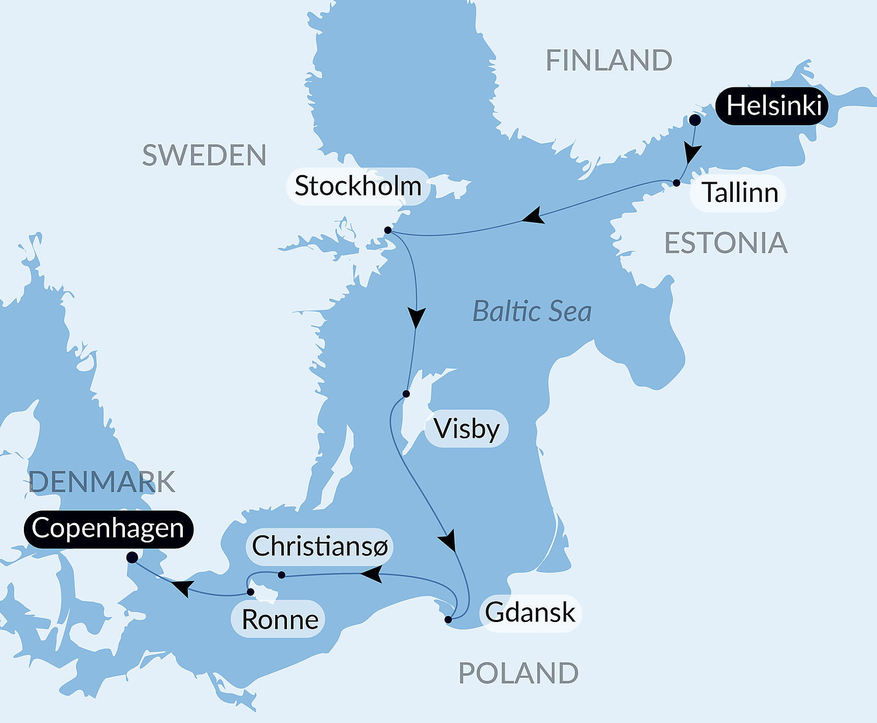 Official PONANT route map for Iconic Capitals & Towns of the Baltic aboard Le Champlain, Voyage EC210527