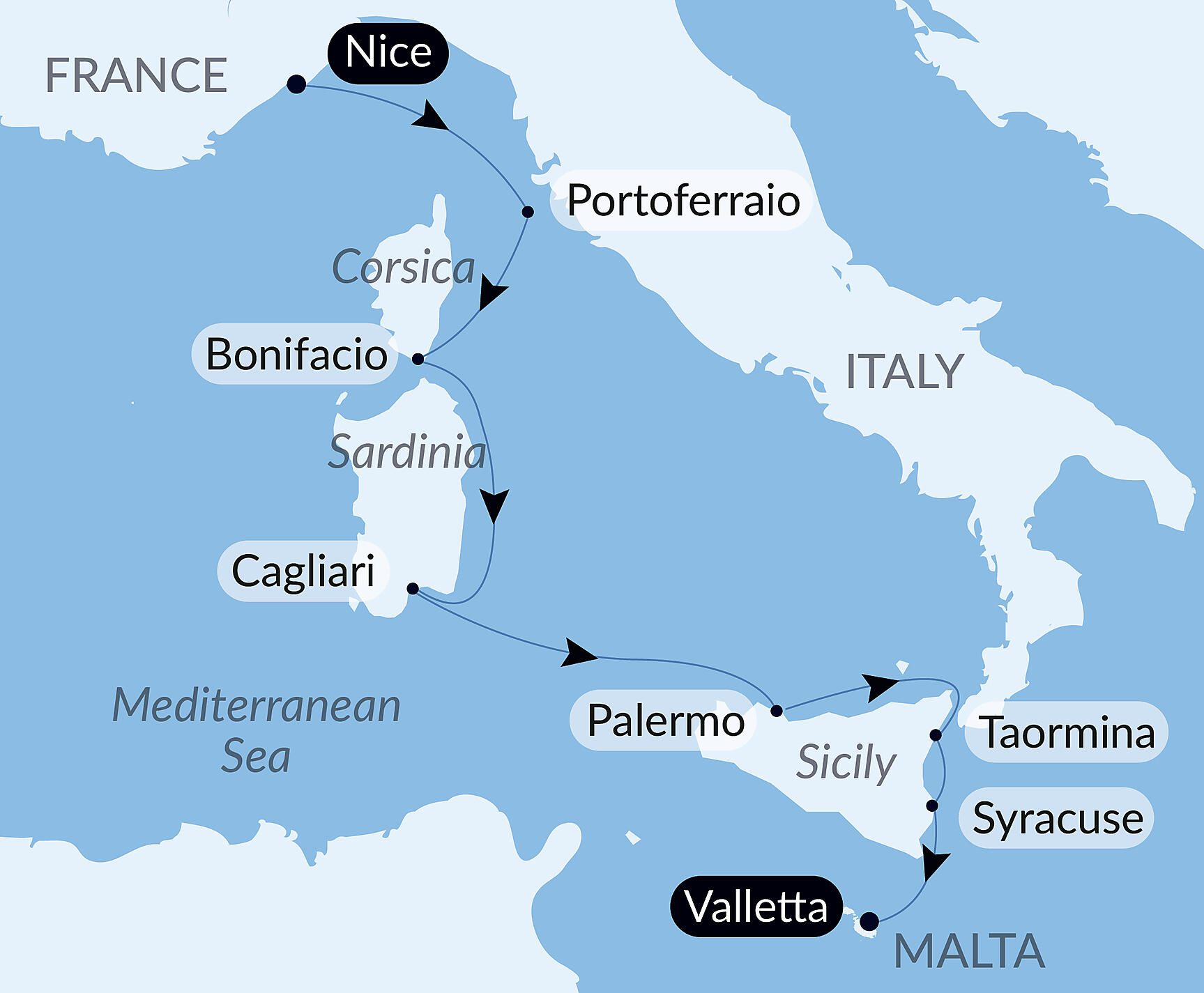 Official PONANT route map for Mediterranean Island Voyage: Sicily, Sardinia, Corsica, and Elba – with Smithsonian Journeys aboard Le Dumont d'Urville, Voyage EU070627