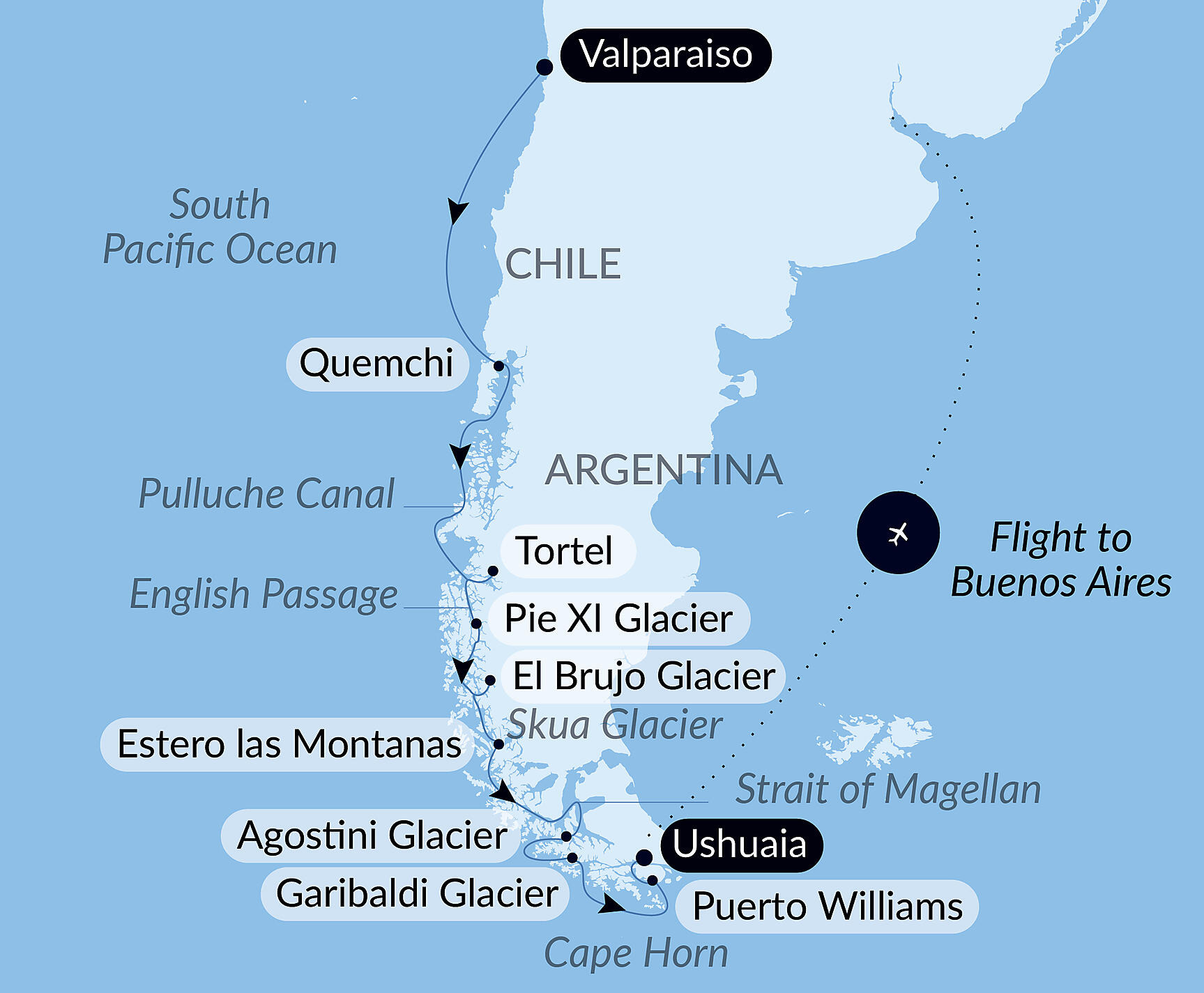 Official PONANT route map for The best of Chilean Fjords aboard Le Lyrial, Voyage LY031126