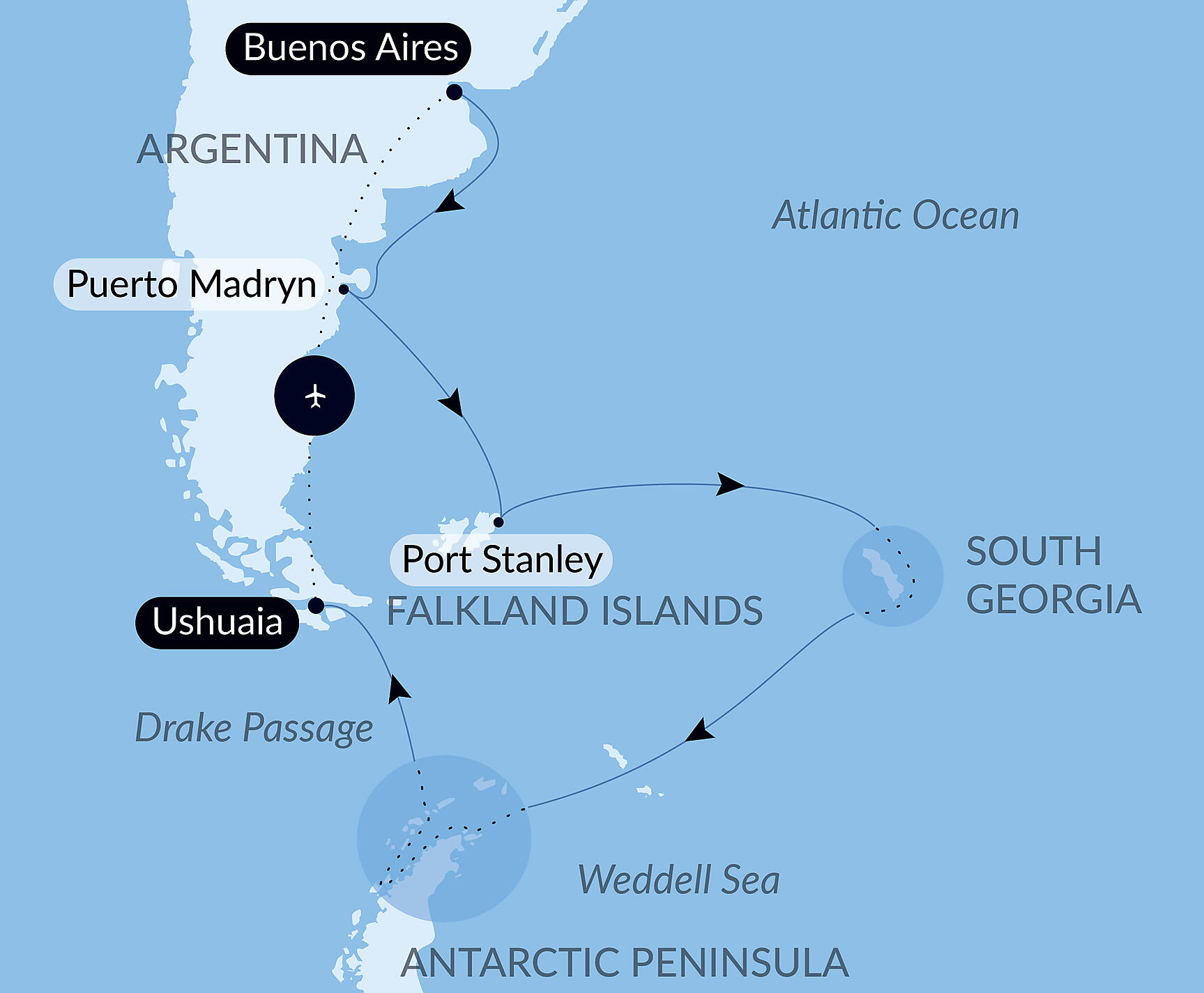 Official PONANT route map for Journey to Austral Lands and Valdes Peninsula aboard Le Boréal, Voyage BO121126