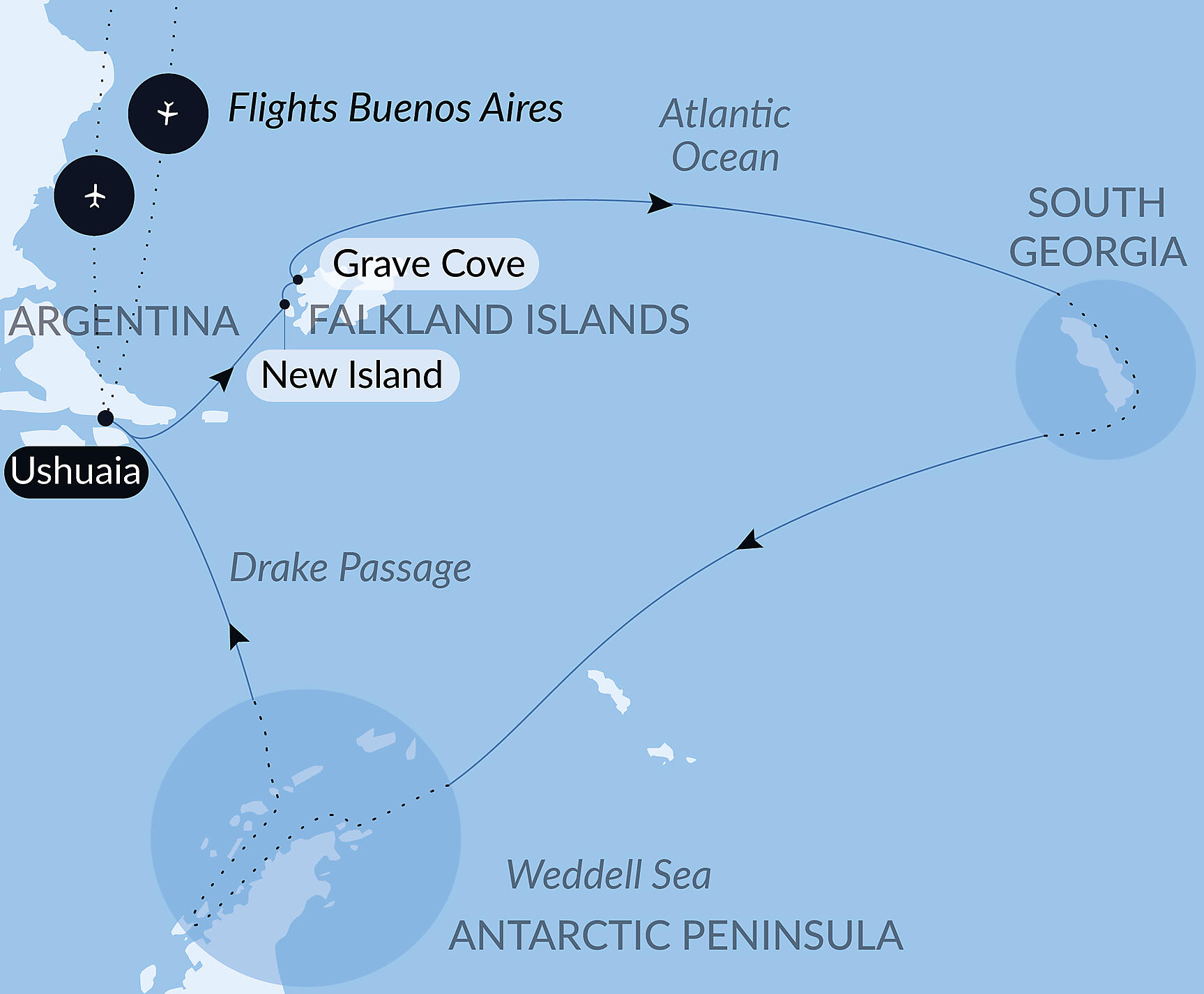 Official PONANT route map for The Great Austral Loop aboard Le Boréal, Voyage BO201226