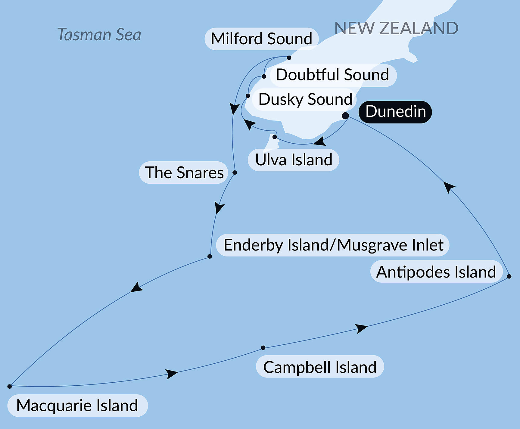 Official PONANT route map for Expedition to New Zealand’s Subantarctic Islands aboard Le Soléal, Voyage SO281226