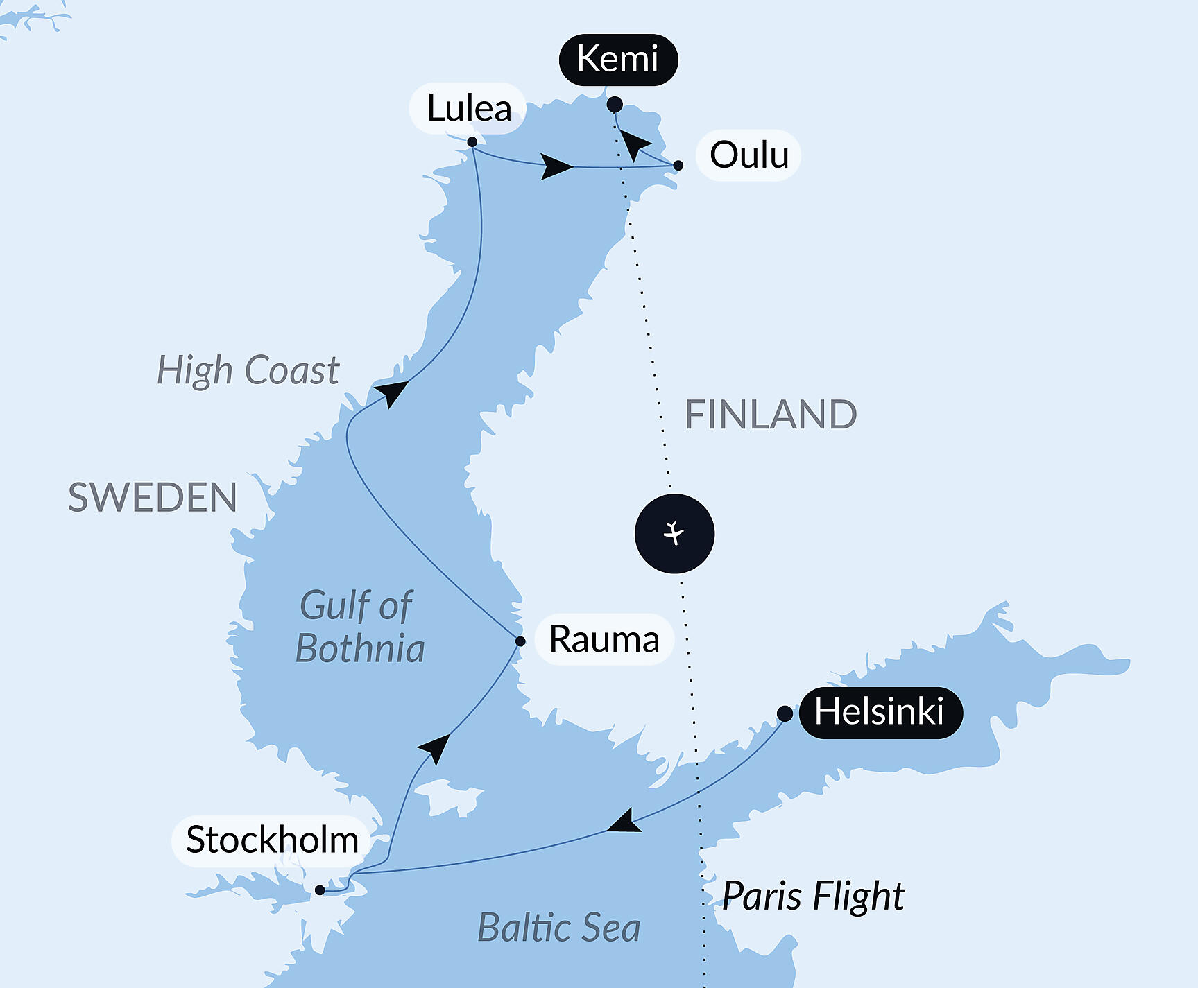 Official PONANT route map for The Gulf of Bothnia, at the Gateway to the Arctic aboard Le Commandant Charcot, Voyage CC221226