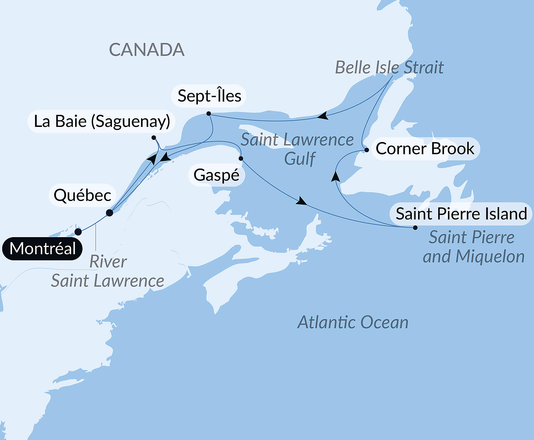 Official PONANT route map for The St. Lawrence River in the Heart of the Boreal Winter aboard Le Commandant Charcot, Voyage CC130227