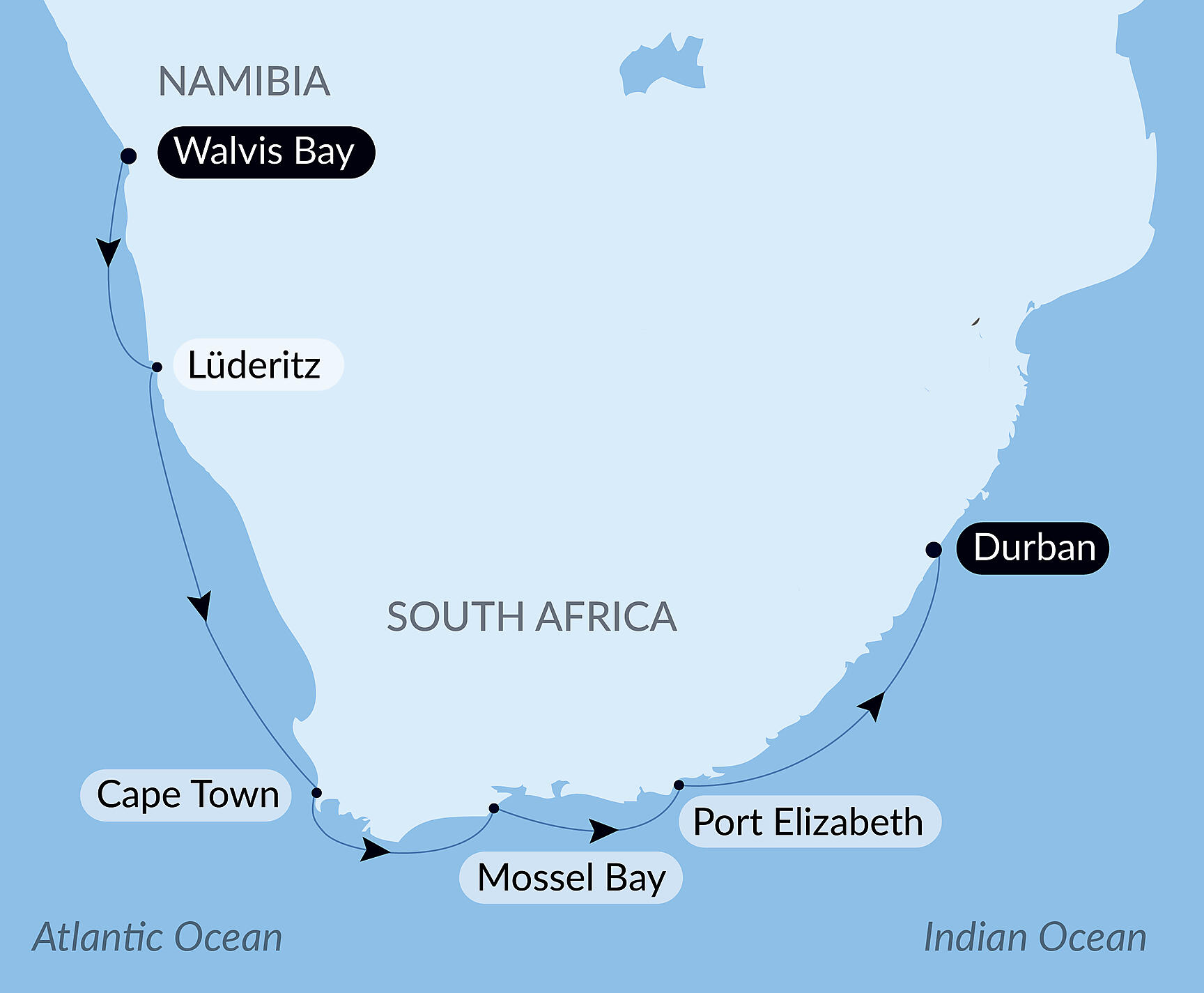Official PONANT route map for Namibian & South African Coastlines aboard Le Dumont d'Urville, Voyage EU071226