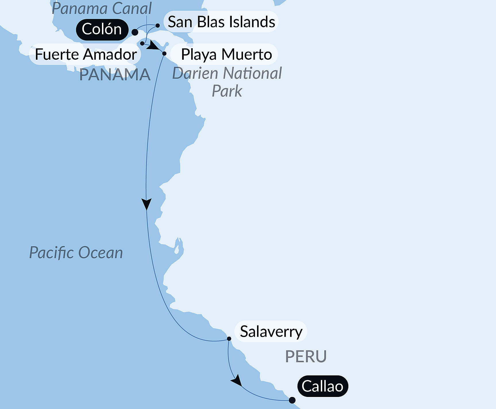 Official PONANT route map for From Panama’s wild beauty to Peruvian shores aboard L'Austral, Voyage AU201026