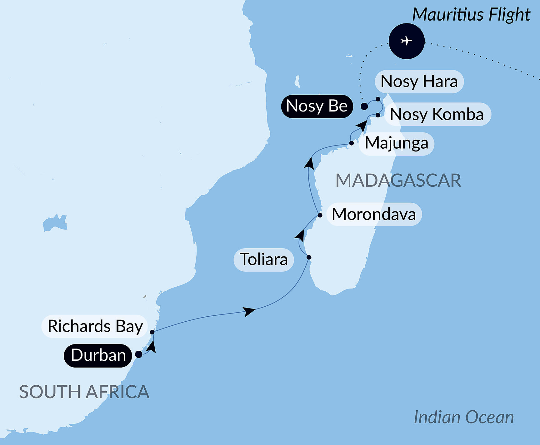 Official PONANT route map for Madagascar & South Africa aboard Le Dumont d'Urville, Voyage EU171226
