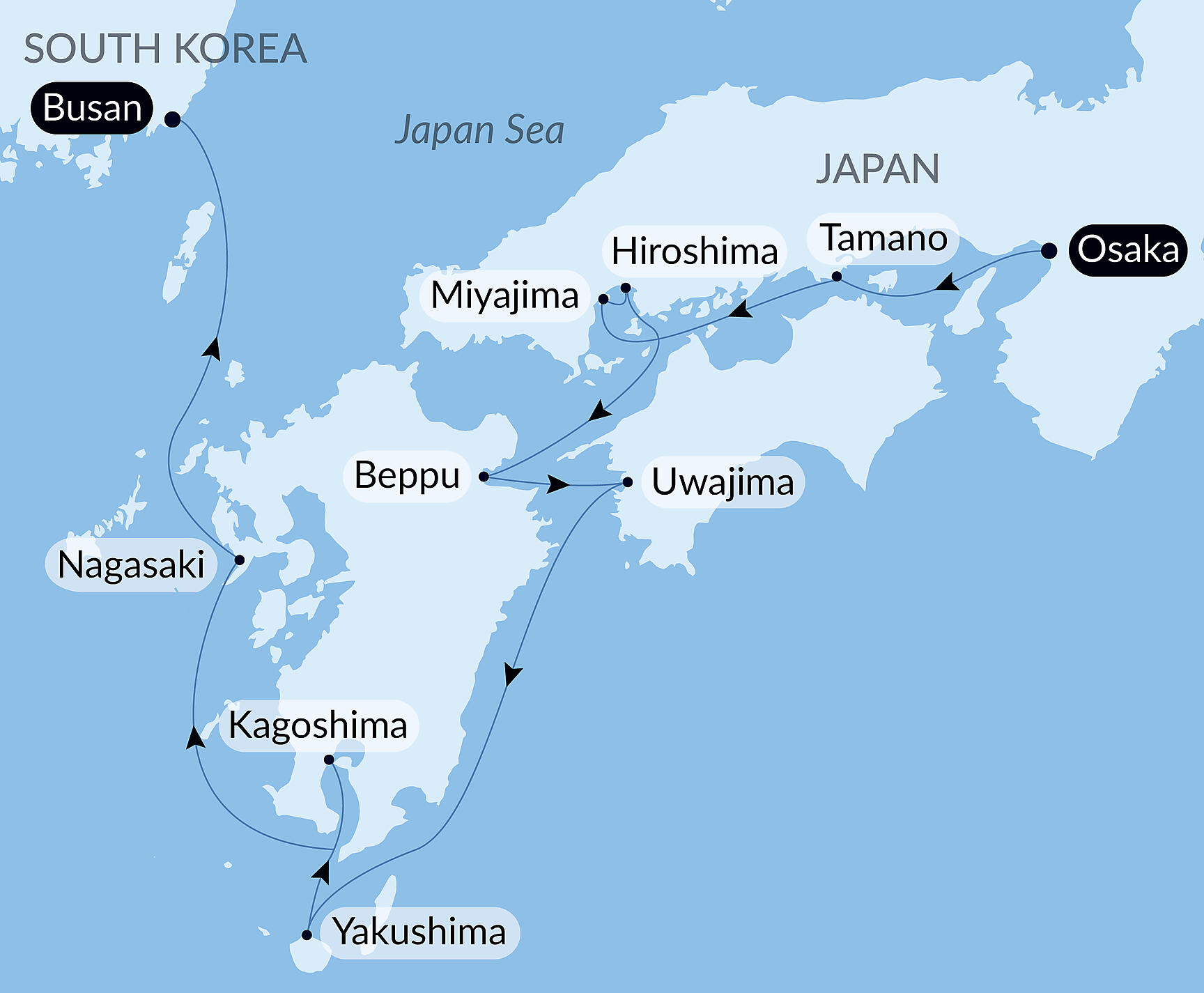Official PONANT route map for The best of Japan aboard Le Soléal, Voyage SO090527