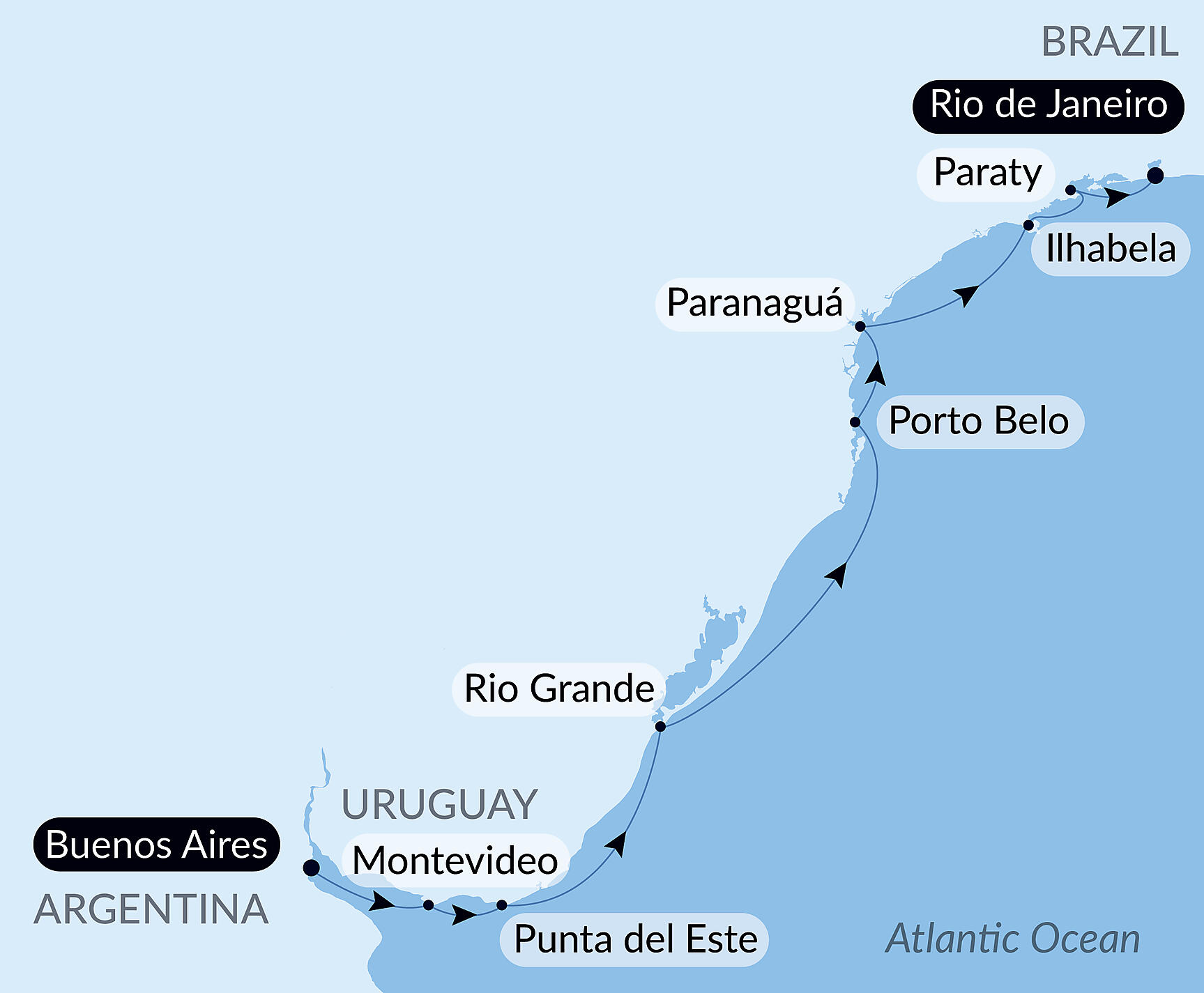 Official PONANT route map for Emblematic South American shores and cities aboard L'Austral, Voyage AU160327
