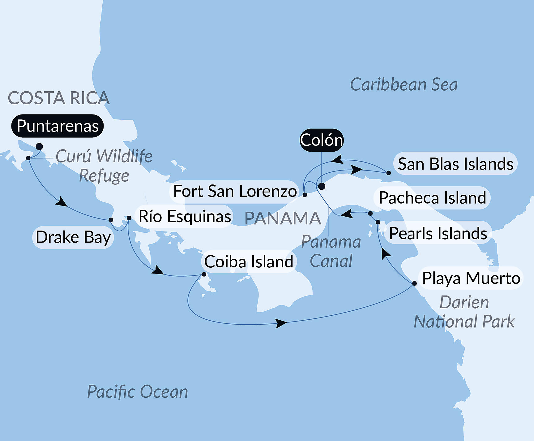 Official PONANT route map for Secrets of Central America aboard Le Bellot, Voyage EE040127