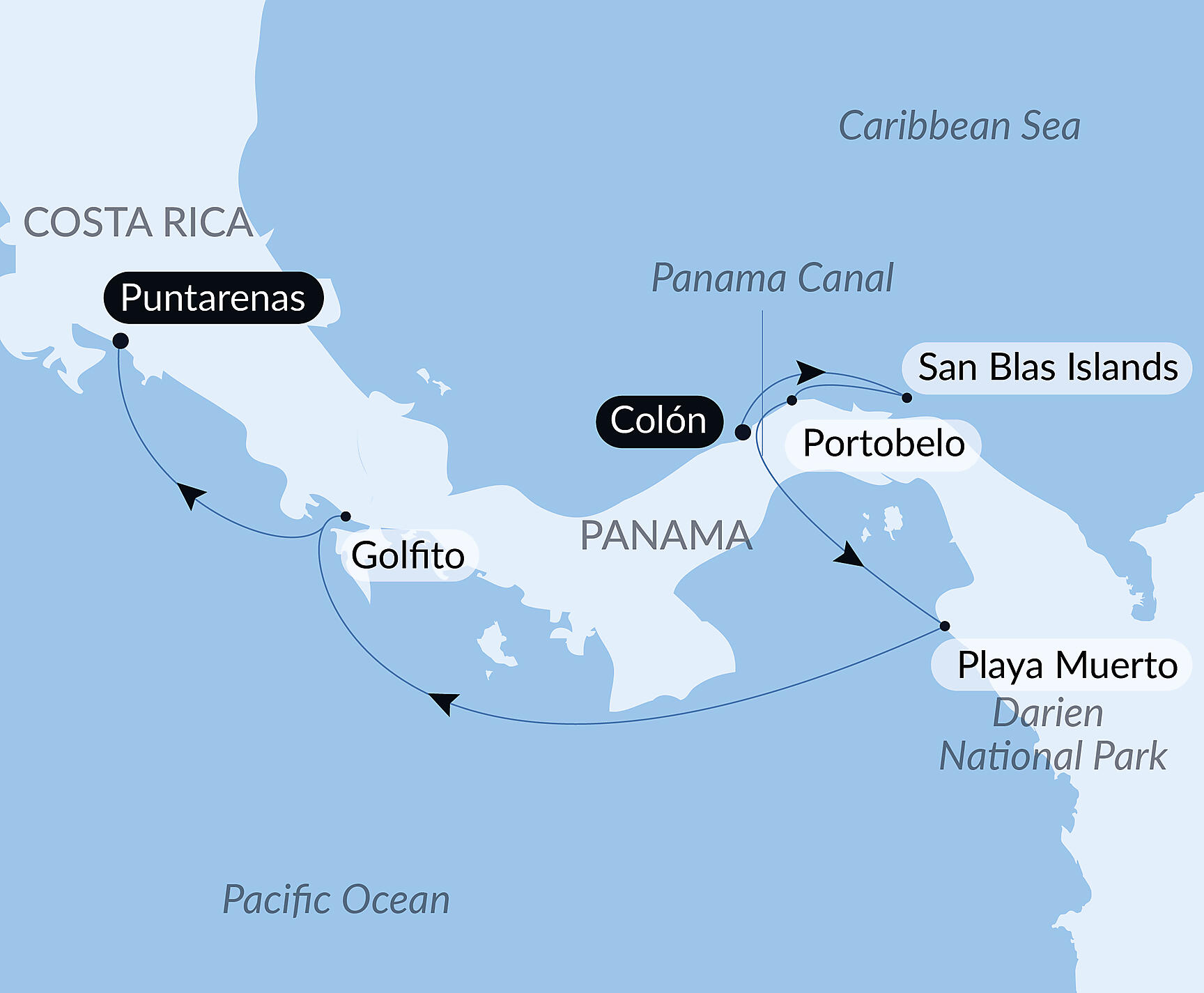 Official PONANT route map for Central America Jewels & Panama Canal aboard Le Lapérouse, Voyage ER150127