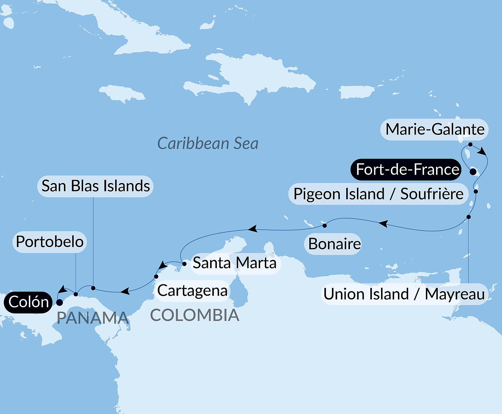 Official PONANT route map for Panama, Colombia & Caribbean Islands aboard Le Lapérouse, Voyage ER071226