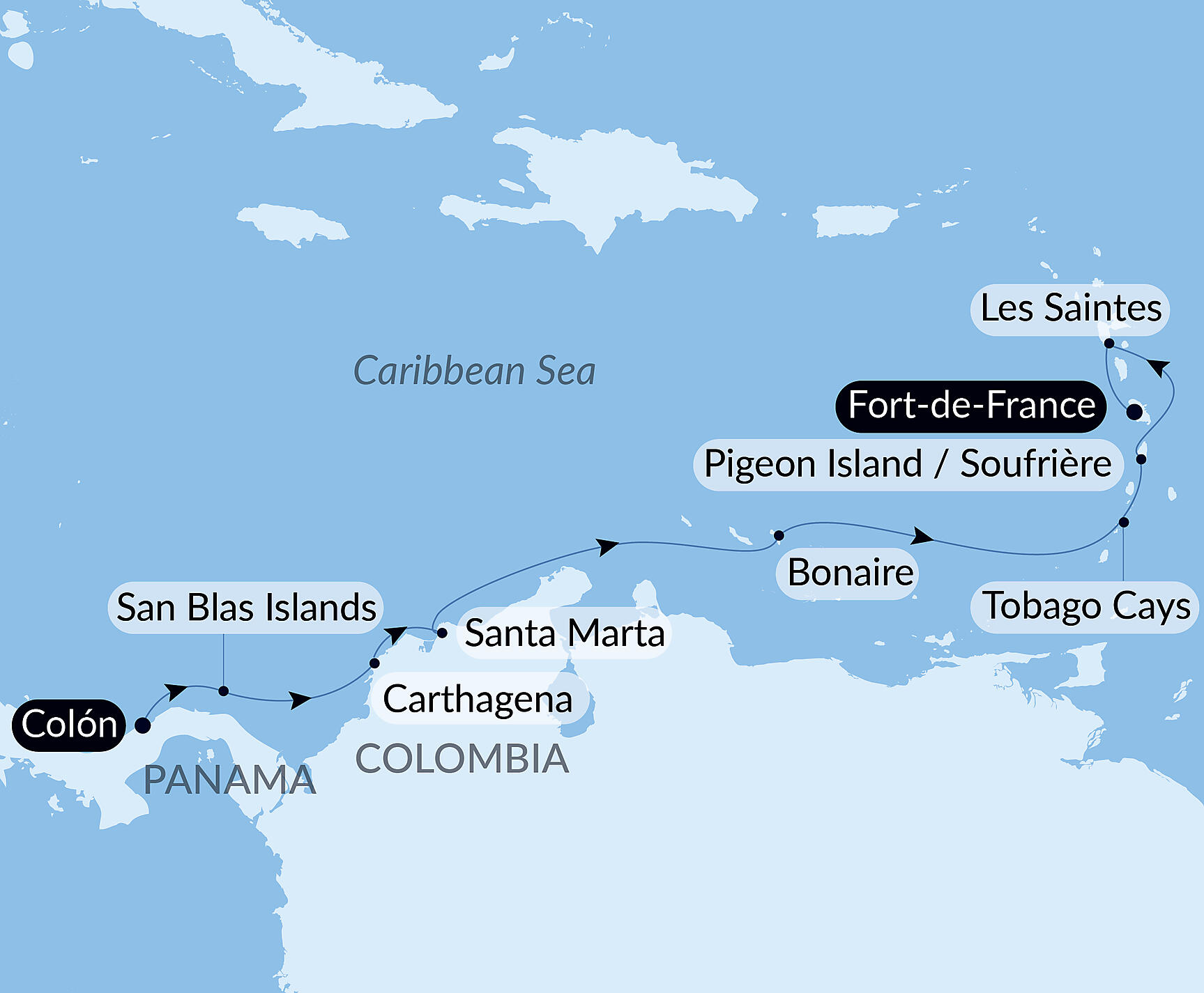Official PONANT route map for Panama, Colombia & Caribbean Islands aboard Le Lapérouse, Voyage ER120327