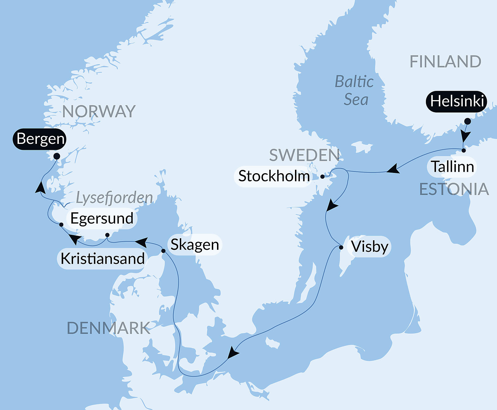 Official PONANT route map for Jazz festival, from the Baltic to the North Sea aboard Le Commandant Charcot, Voyage CC230127