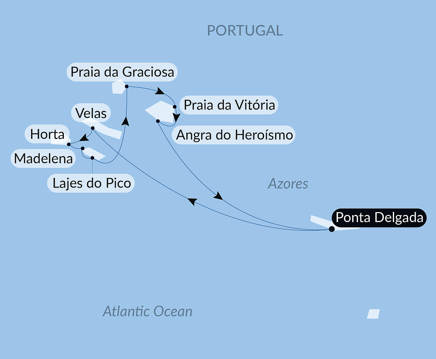 Official PONANT route map for The Essential Azores aboard Le Boréal, Voyage BO150727