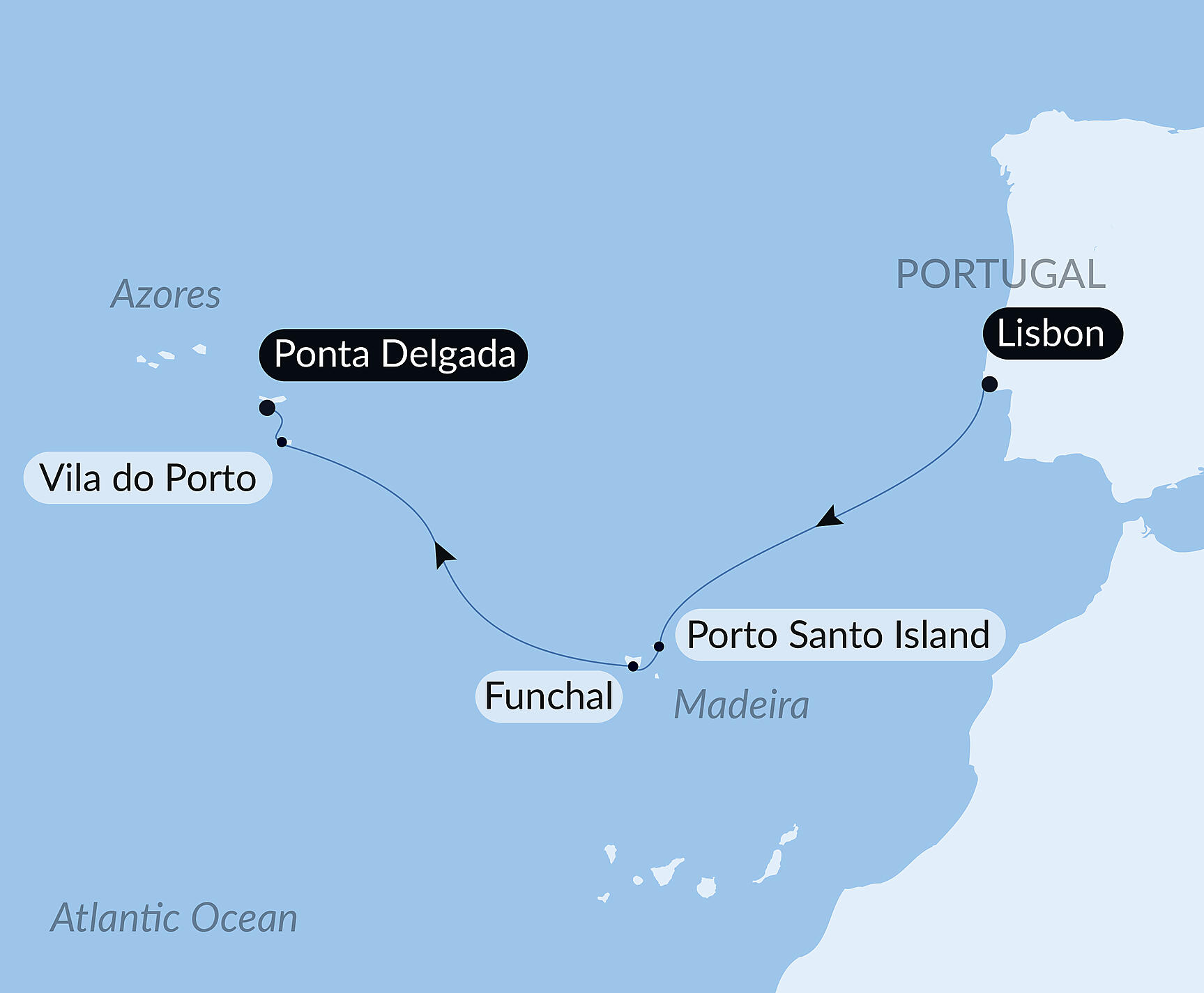 Official PONANT route map for Madeira and the Azores aboard Le Boréal, Voyage BO070727