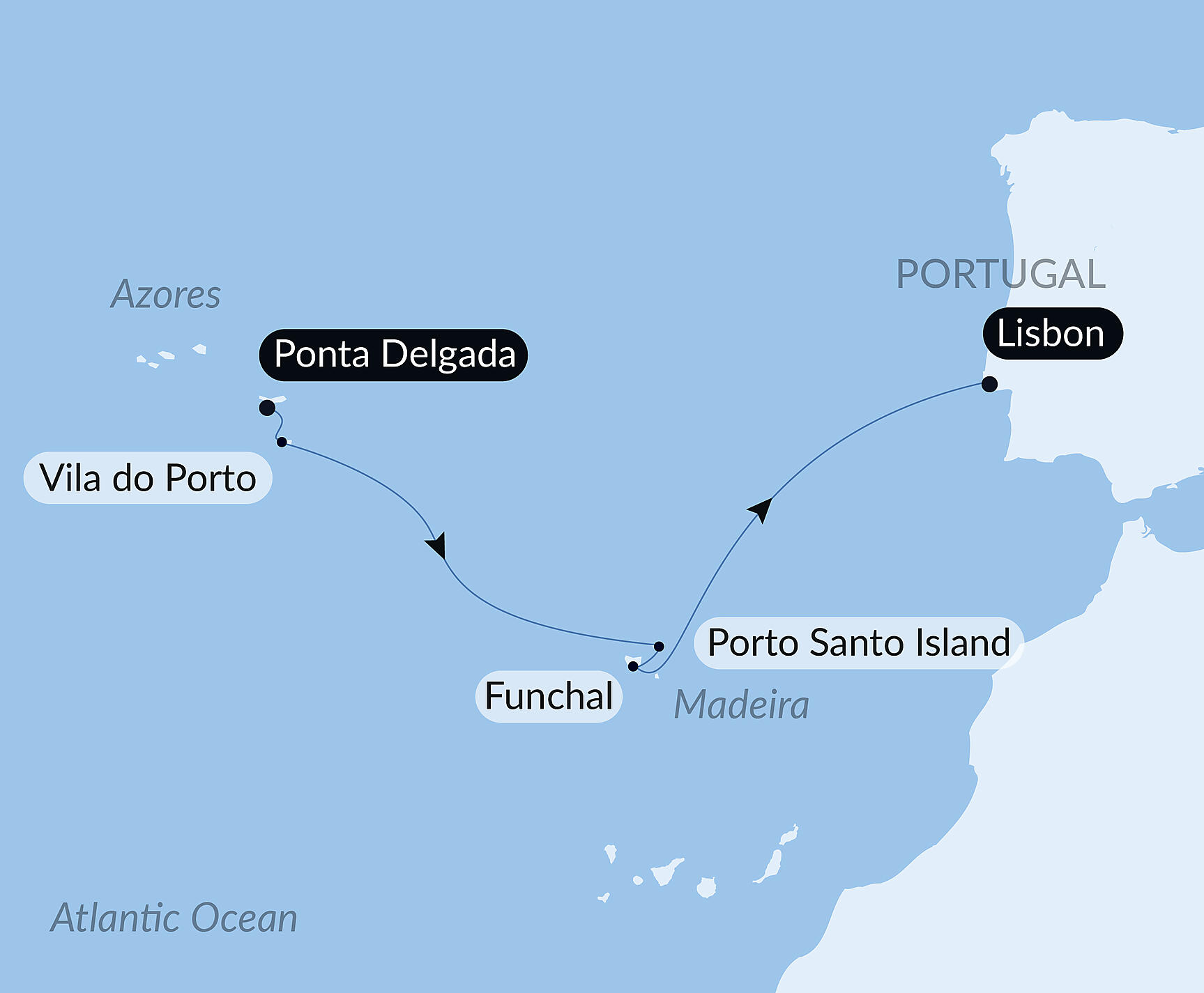 Official PONANT route map for Madeira and the Azores aboard Le Boréal, Voyage BO220727