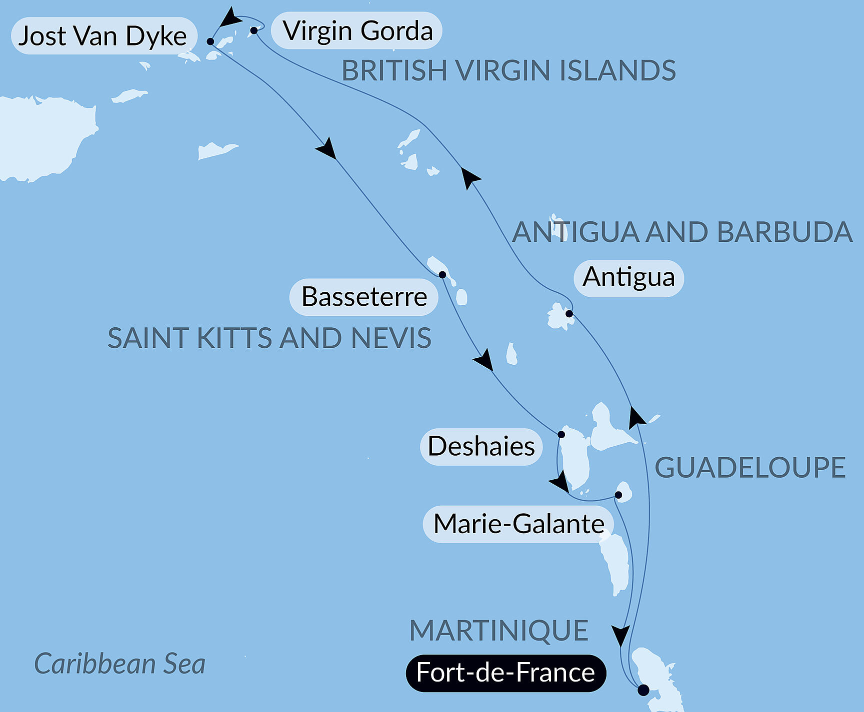 Official PONANT route map for Wonders of the Caribbean aboard Le Bougainville, Voyage EG100227