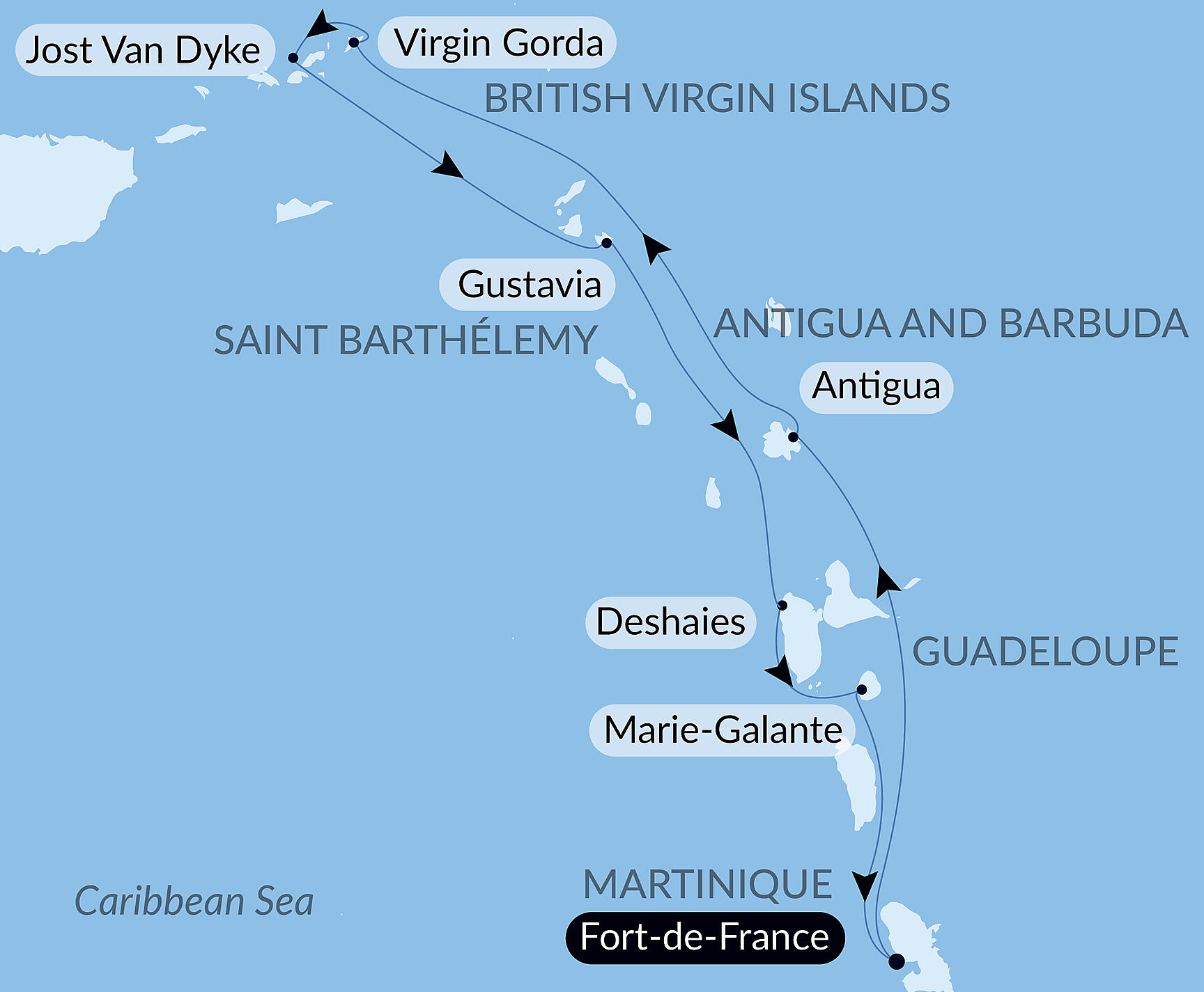 Official PONANT route map for Wonders of the Caribbean aboard Le Bougainville, Voyage EG130127