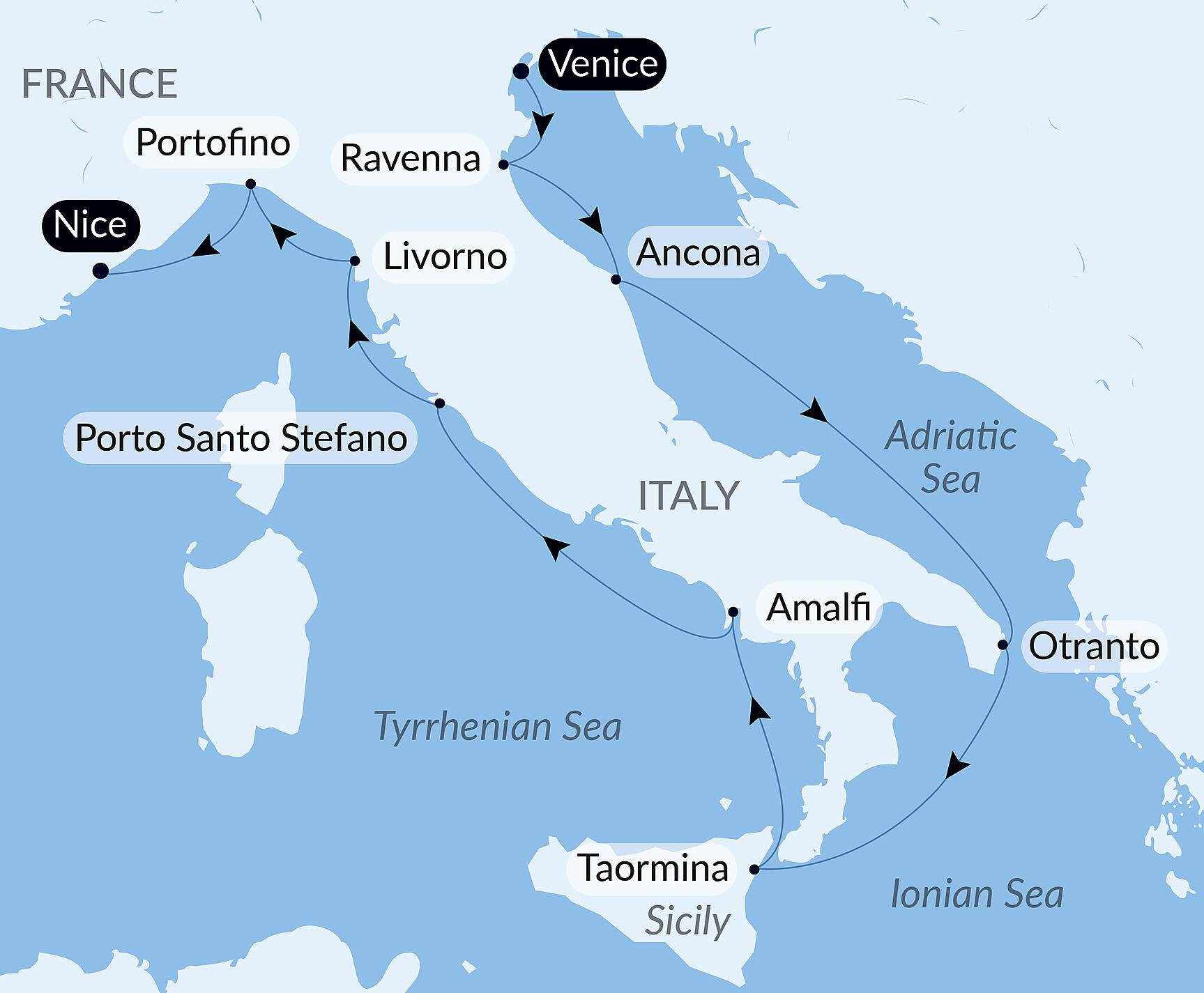 Official PONANT route map for Jewels of the Italian coastlines aboard Le Bougainville, Voyage EG110627