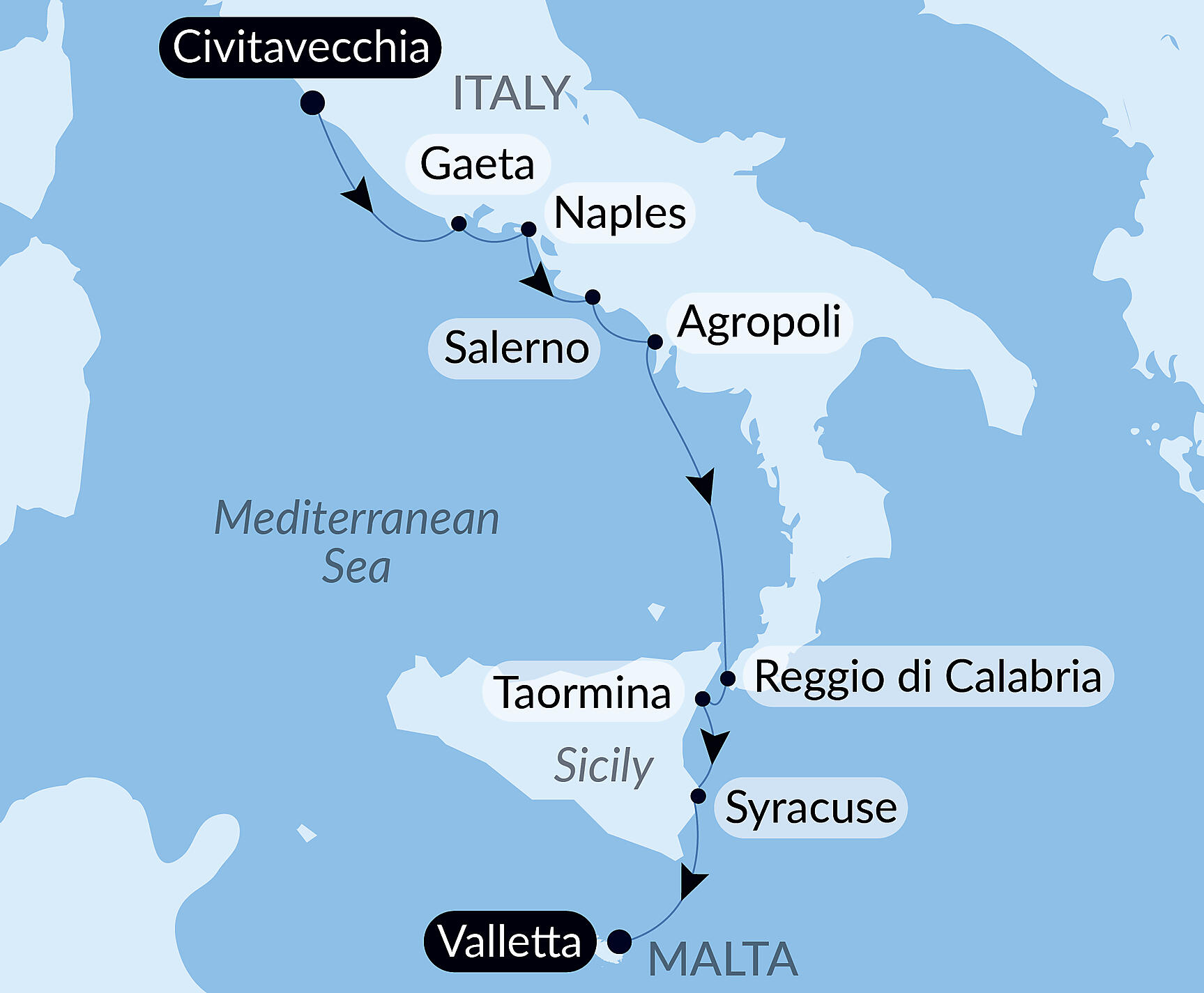 Official PONANT route map for Ancient Wonders and Culinary Delights: Cruising Southern Italy and Sicily – with Smithsonian Journeys aboard Le Lapérouse, Voyage ER071027