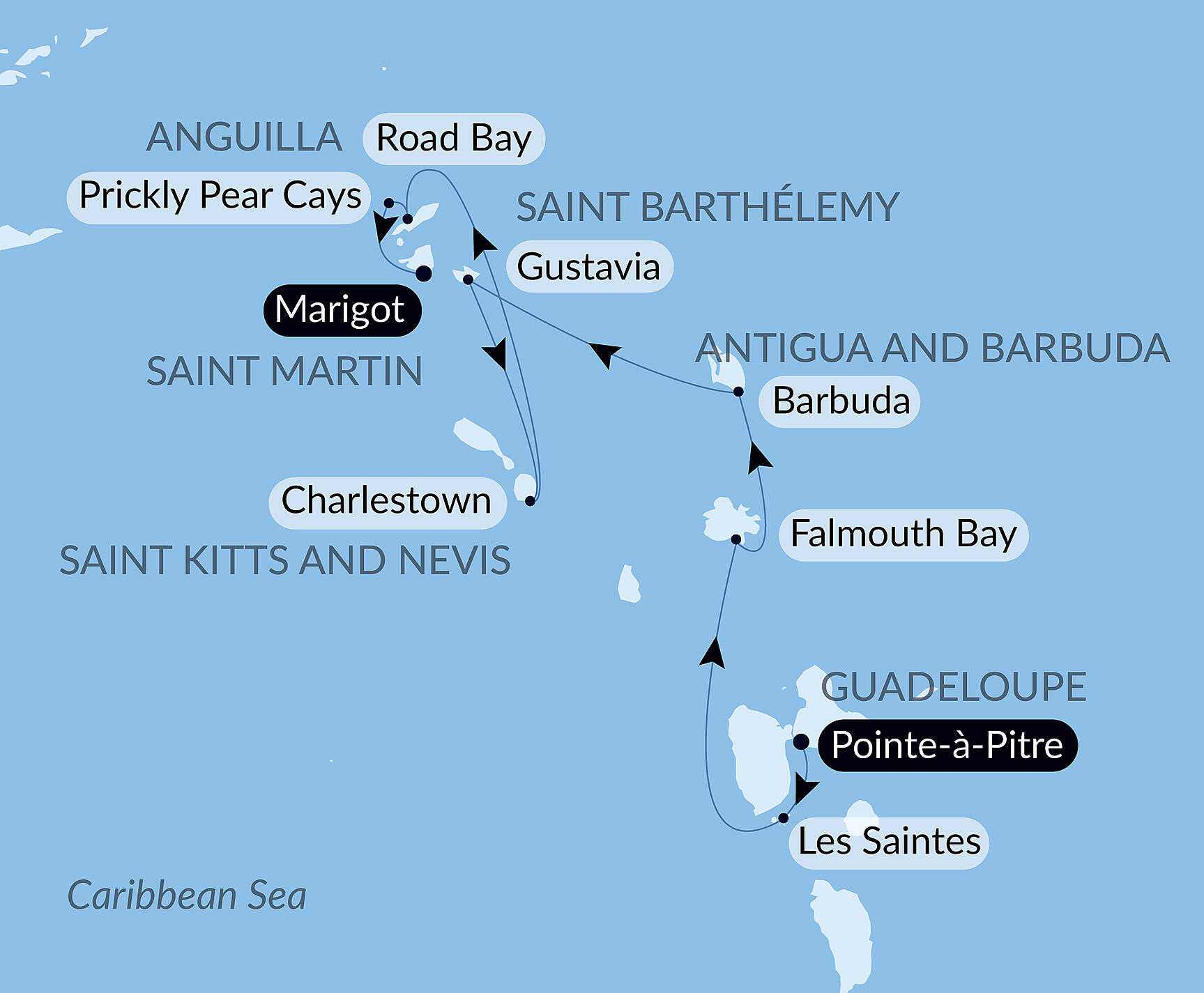 Official PONANT route map for History and culture visiting Caribbean jewels aboard Le Ponant, Voyage PO060227
