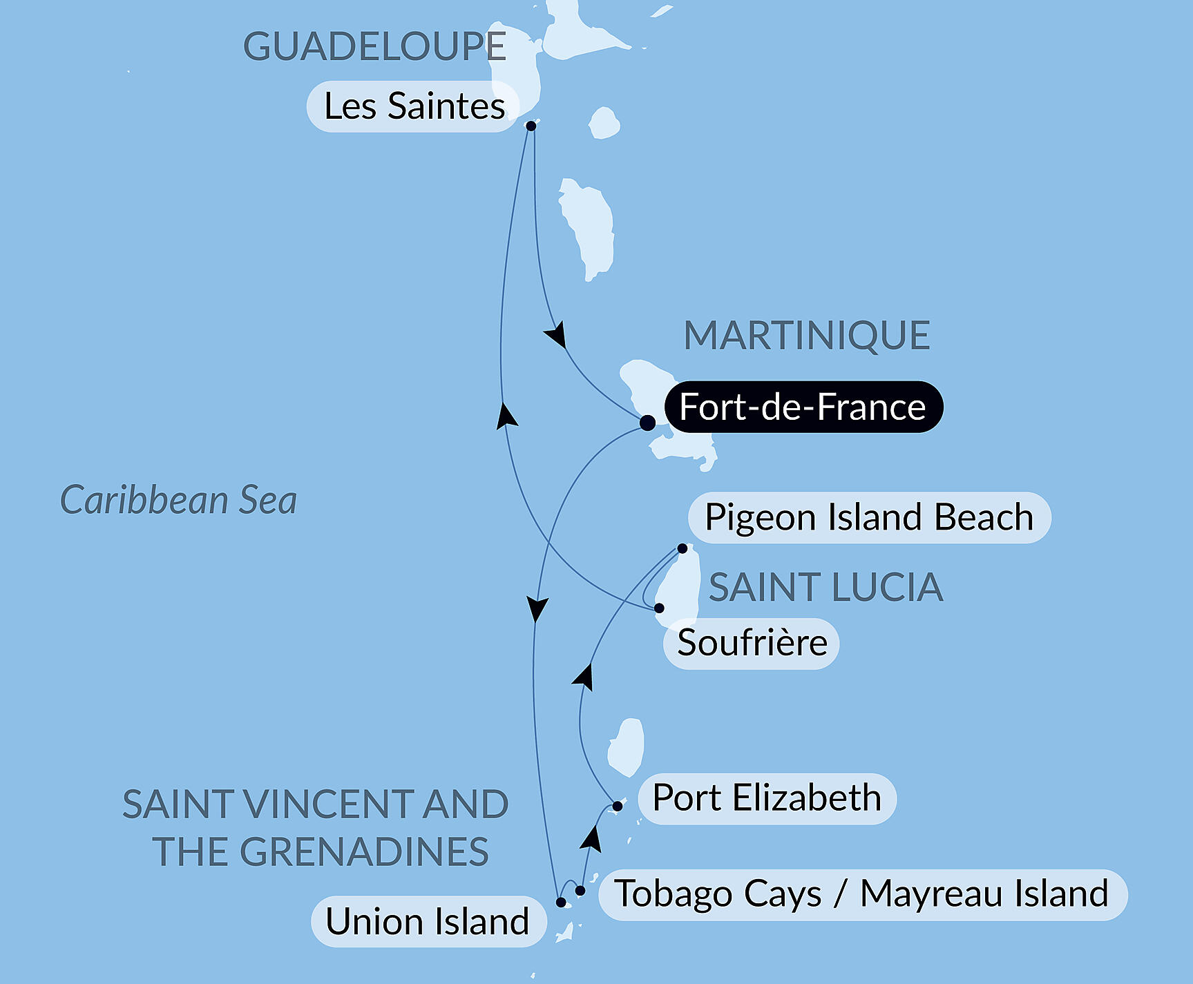 Official PONANT route map for Pearls of the Caribbean aboard Le Bougainville, Voyage EG030227
