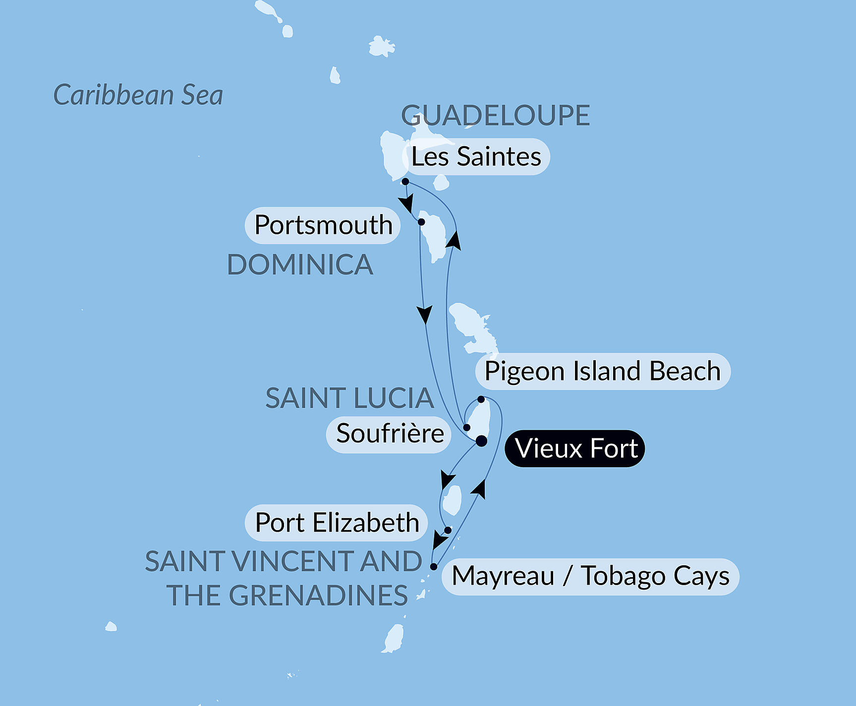 Official PONANT route map for Pearls of the Caribbean aboard Le Bougainville, Voyage EG030327