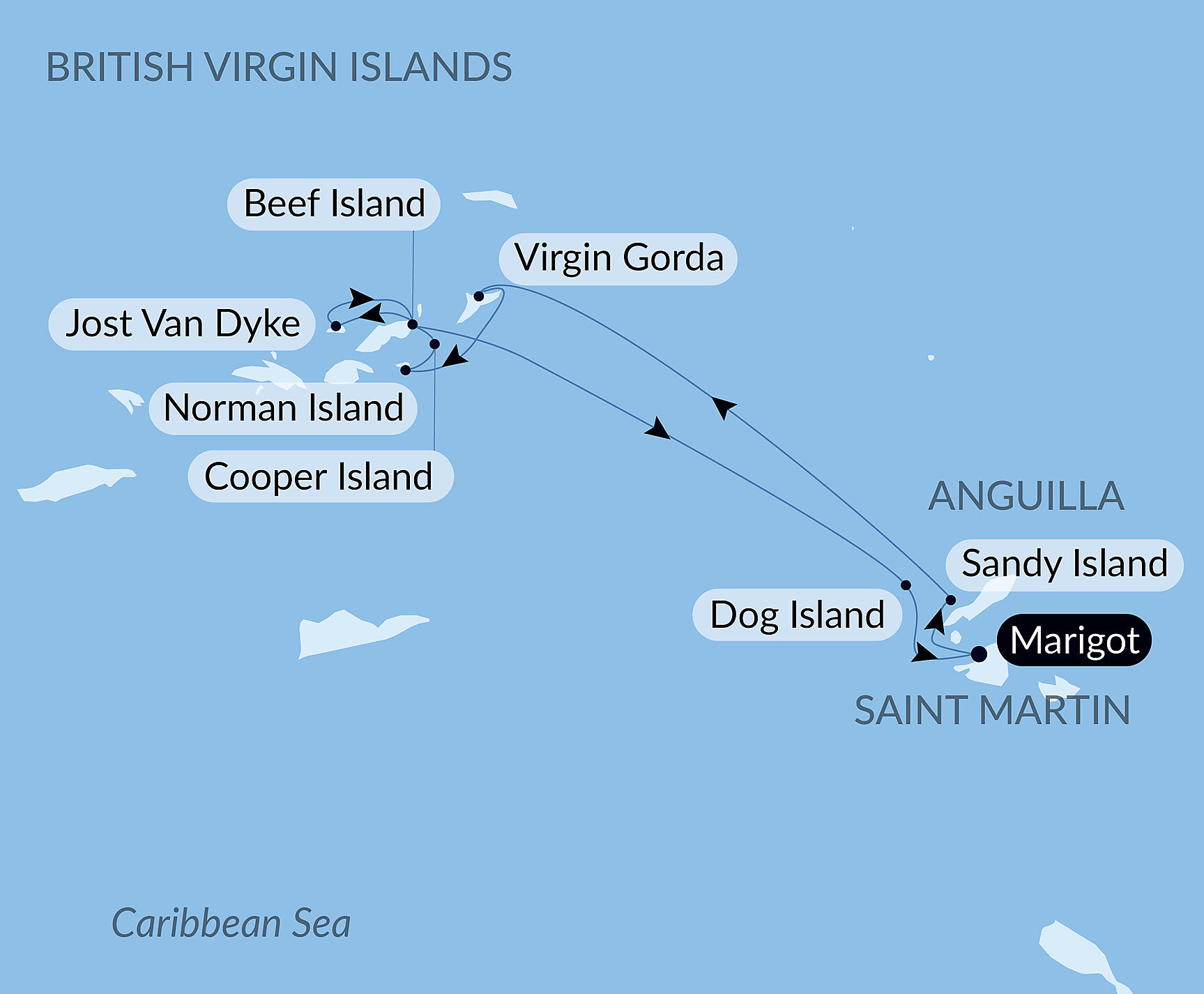 Official PONANT route map for Reverie under sail in the heart of the Lesser Antilles aboard Le Ponant, Voyage PO191226