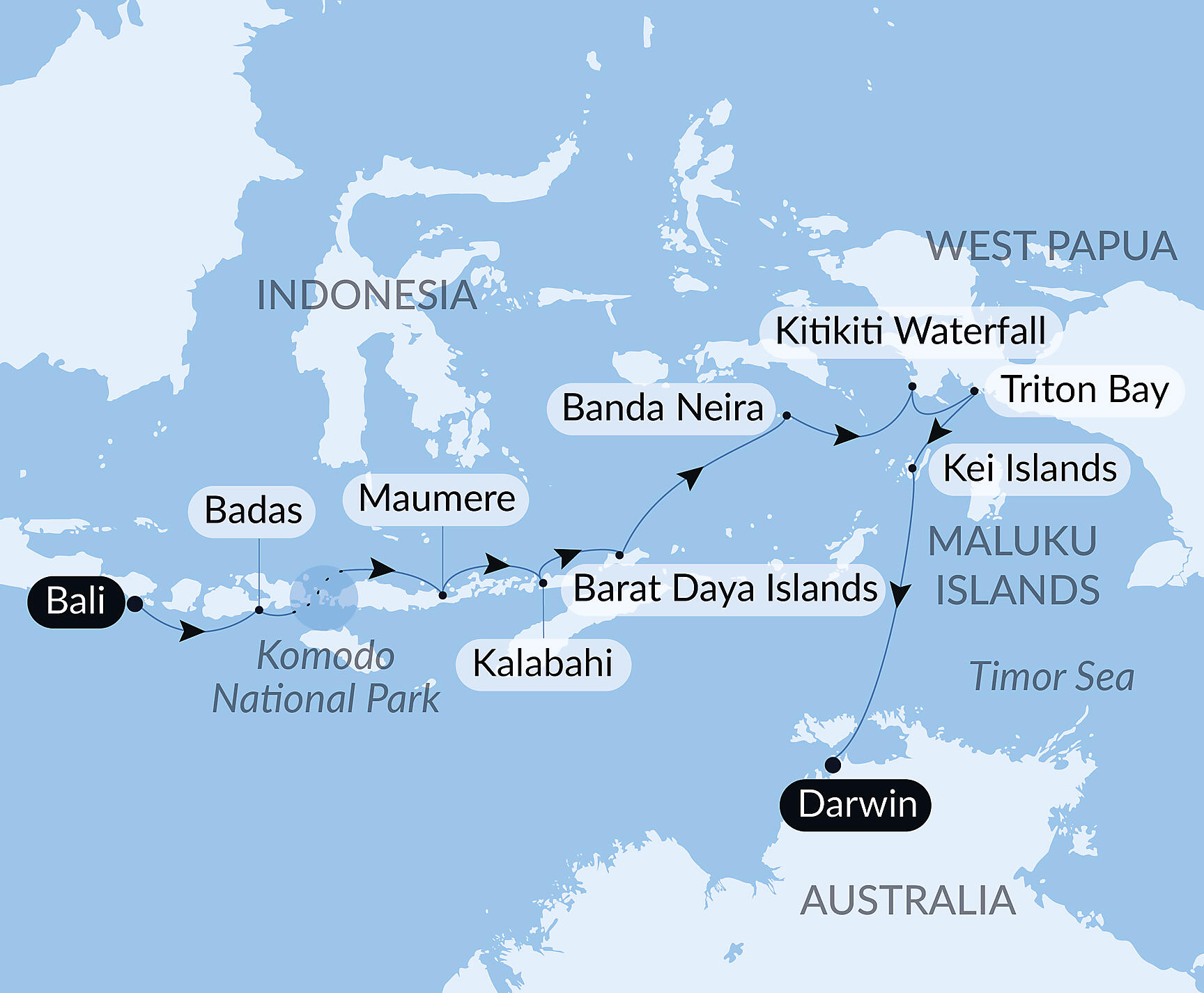 Official PONANT route map for Voyage to Indonesia: Dragons, Reefs, and the Spice Islands – with Smithsonian Journeys aboard Le Jacques Cartier, Voyage EX150527