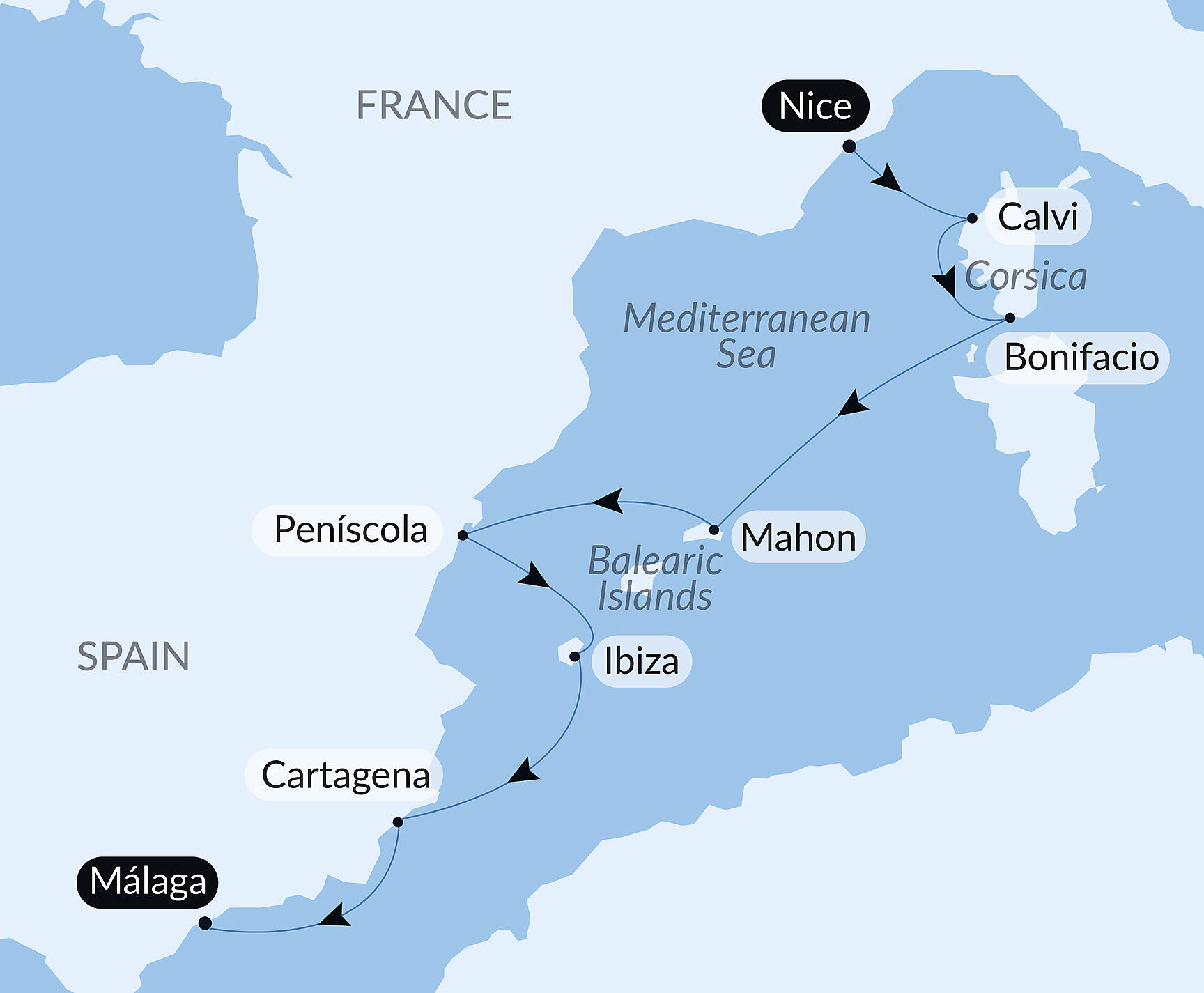 Official PONANT route map for Isle of Beauty and Iberian shores aboard Le Boréal, Voyage BO230627