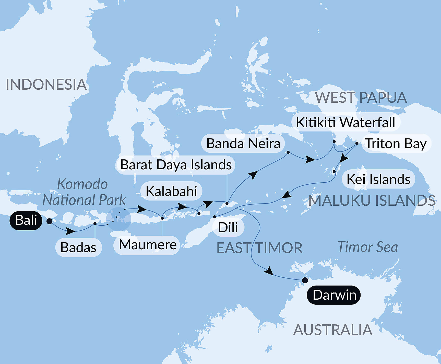 Official PONANT route map for Tropical Indonesian Odyssey aboard Le Soléal, Voyage SO150627