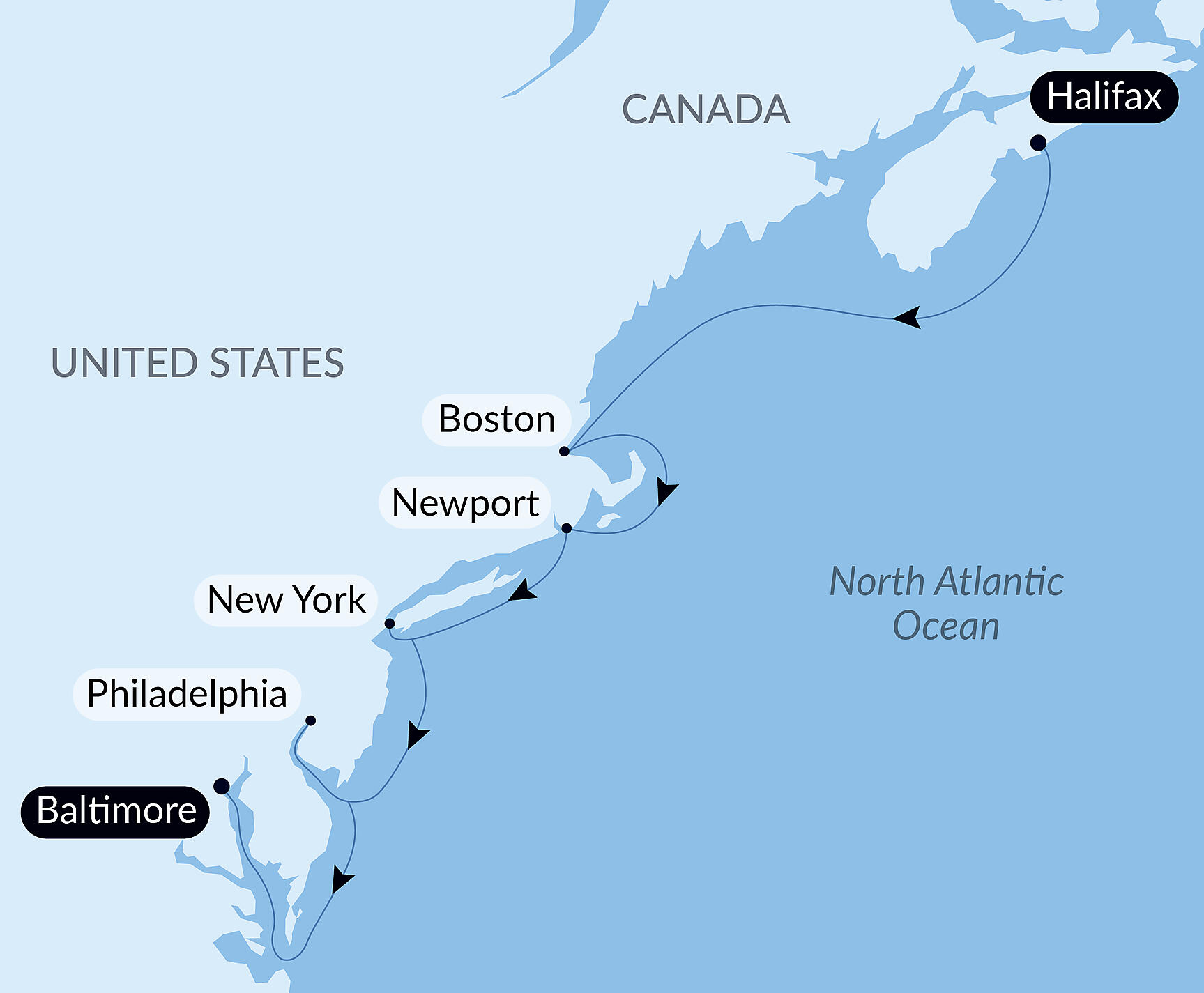 Official PONANT route map for Celebrating America's 250th: An Exploration of History and Culture aboard L'Austral, Voyage AU061026