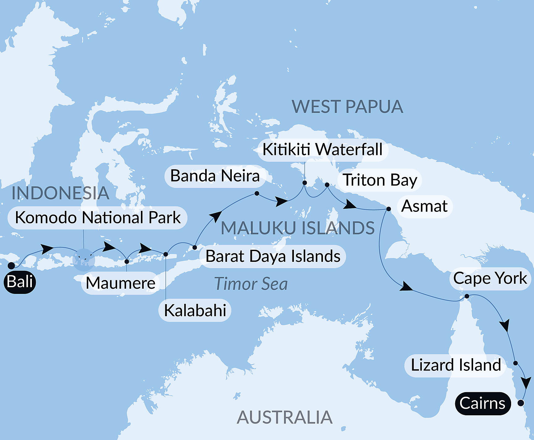 Official PONANT route map for Tropical Odyssey between Indonesia and North East Australia aboard Le Soléal, Voyage SO041226