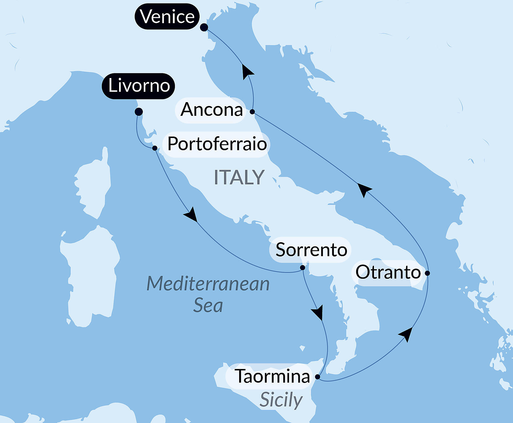Official PONANT route map for Made in Italy, the luxury edition aboard Le Boréal, Voyage BO080927