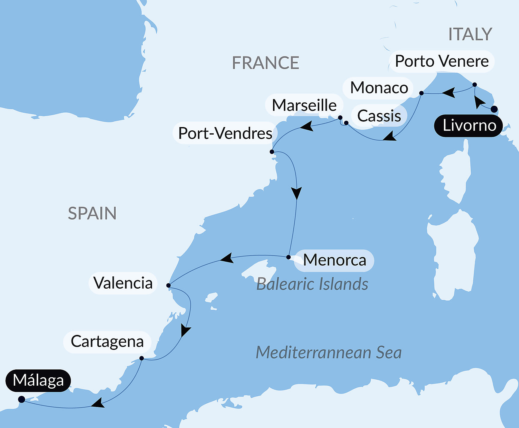 Official PONANT route map for Treasures of the Western Mediterranean aboard Le Boréal, Voyage BO031027