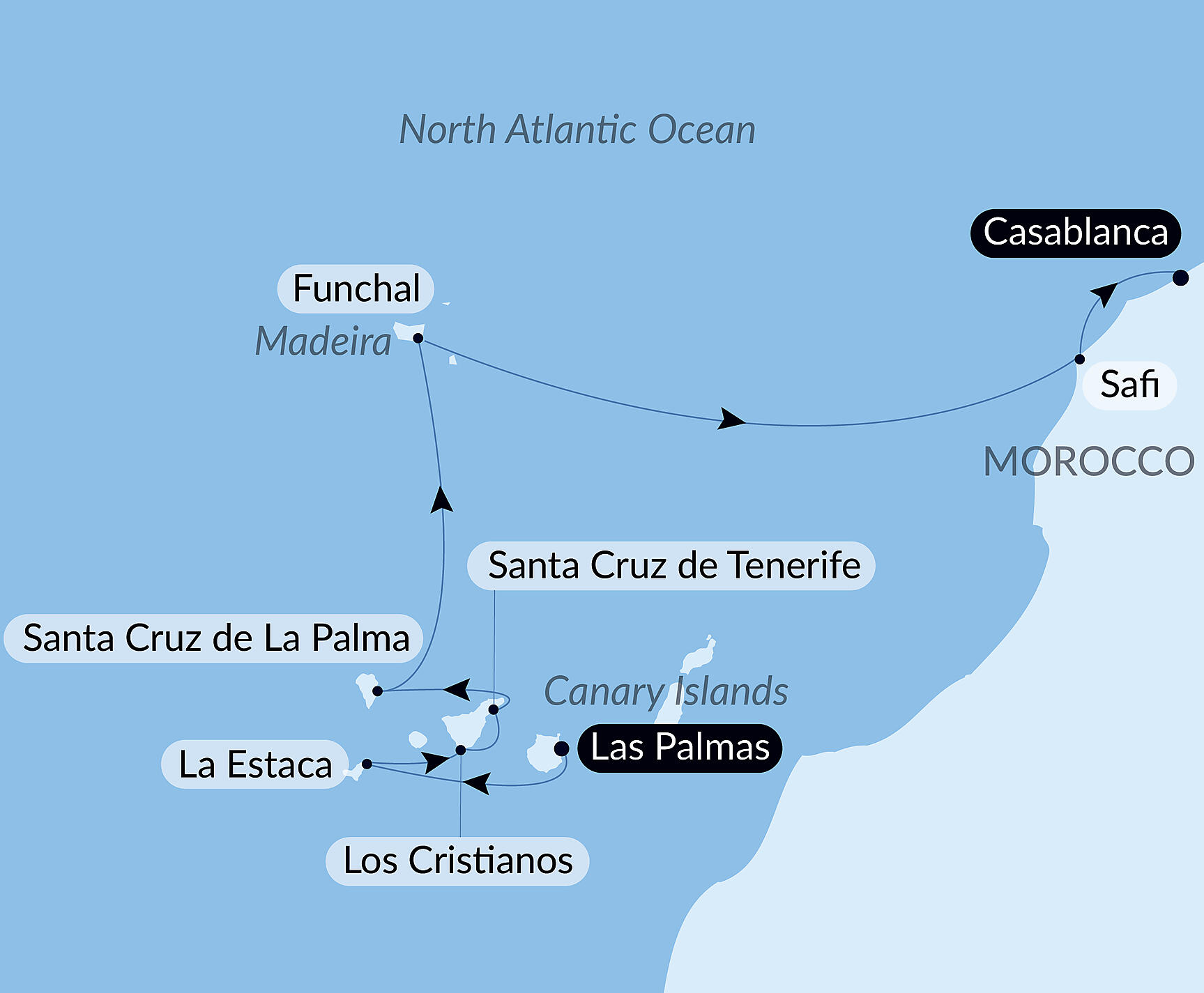 Official PONANT route map for Atlantic odyssey from the Canary Islands to the shores of Morocco aboard Le Champlain, Voyage EC160127