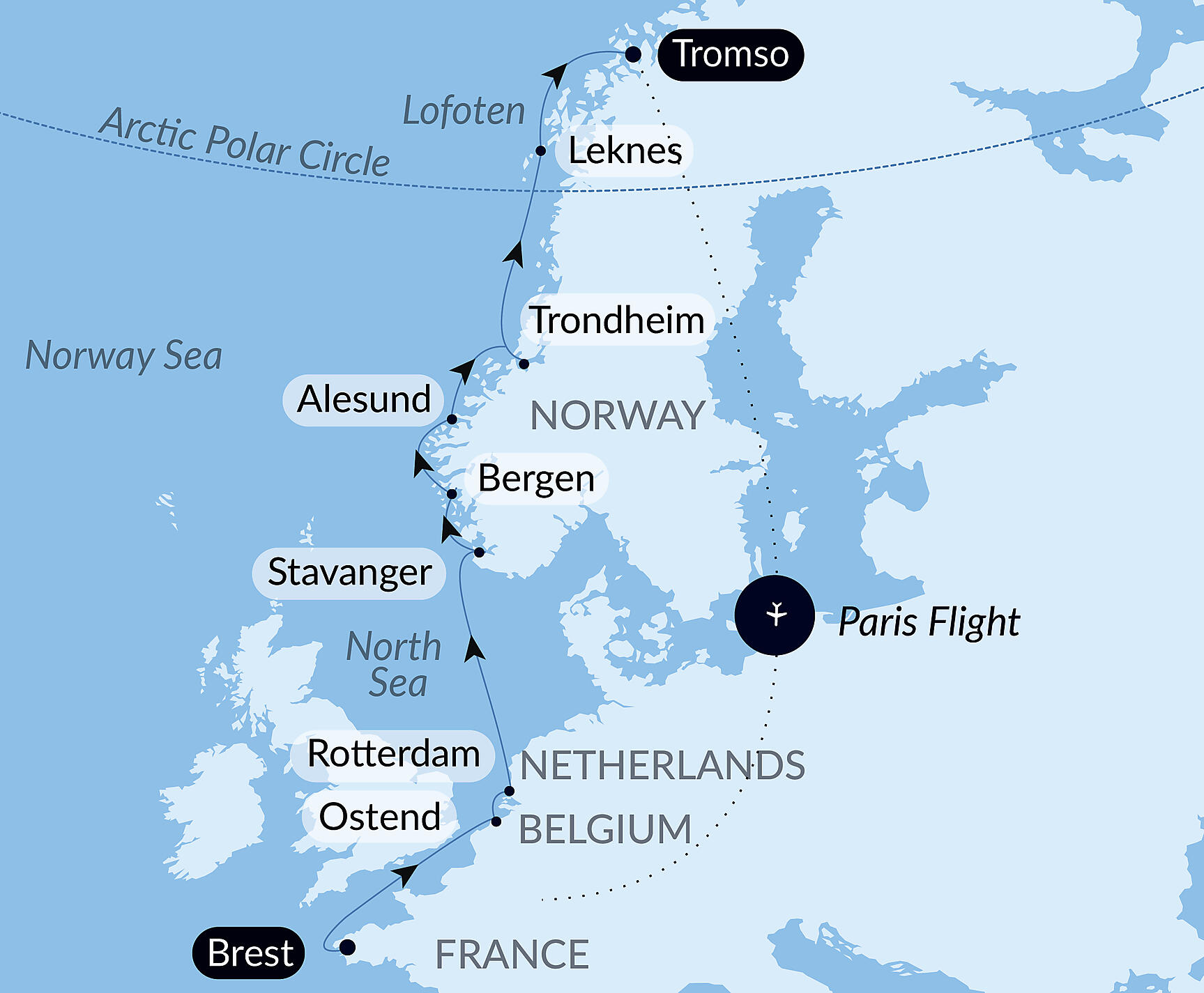Official PONANT route map for Nordic Sea Treasures aboard Le Champlain, Voyage EC210227