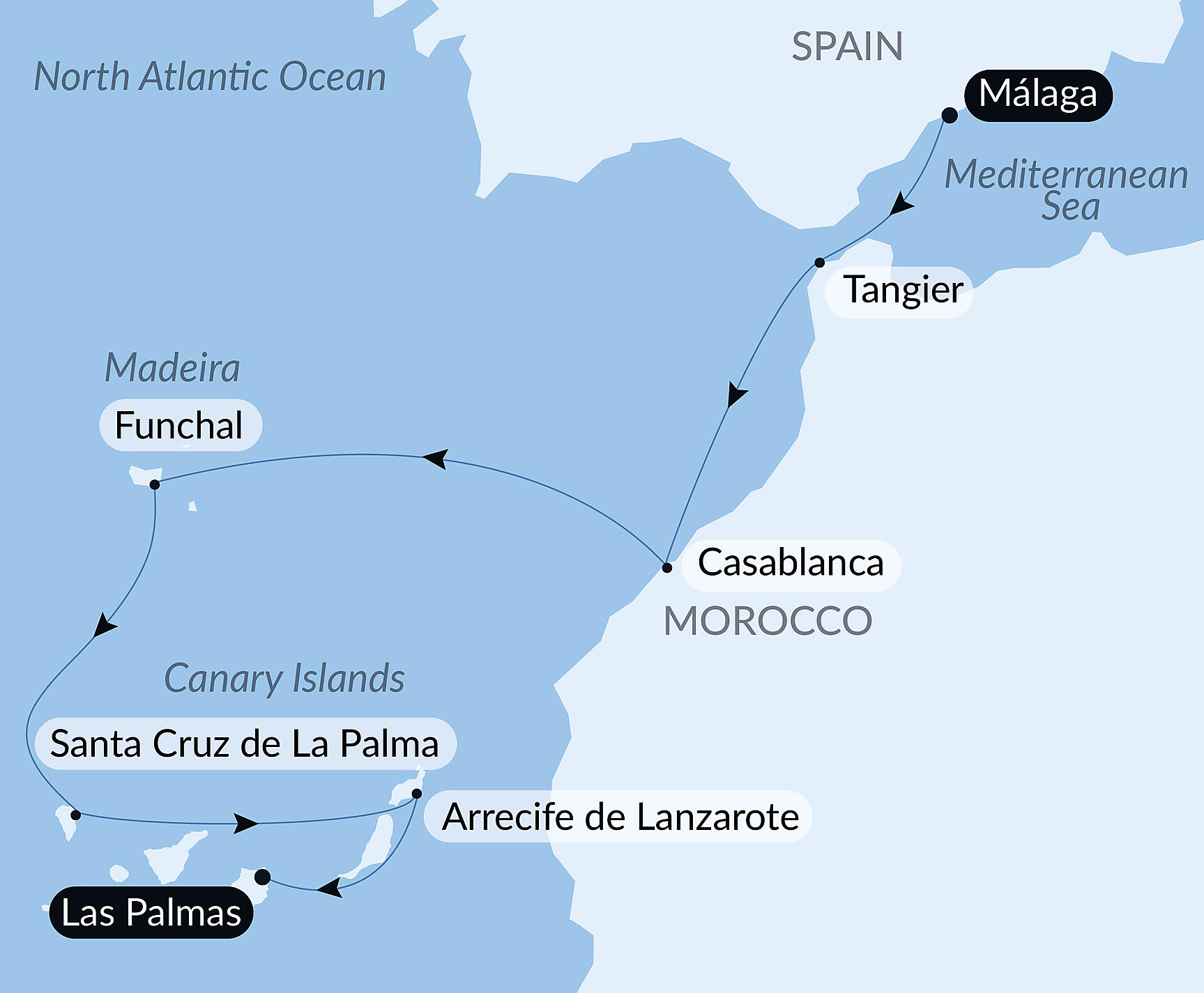 Official PONANT route map for Atlantic Odyssey from the Iberian Peninsula to the Canary Islands aboard Le Champlain, Voyage EC251126