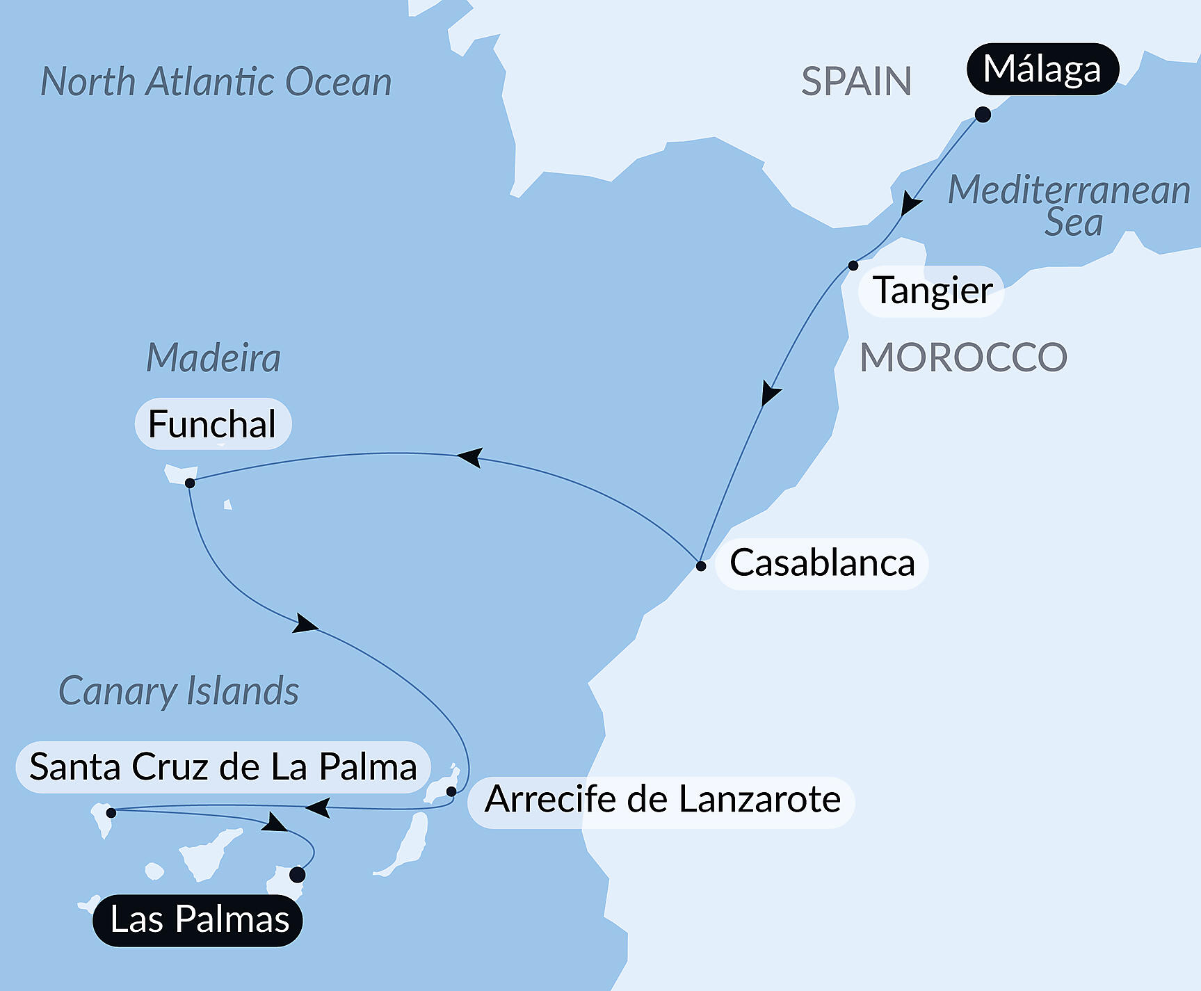 Official PONANT route map for Atlantic Odyssey from the Iberian Peninsula to the Canary Islands aboard Le Dumont d'Urville, Voyage EU071126