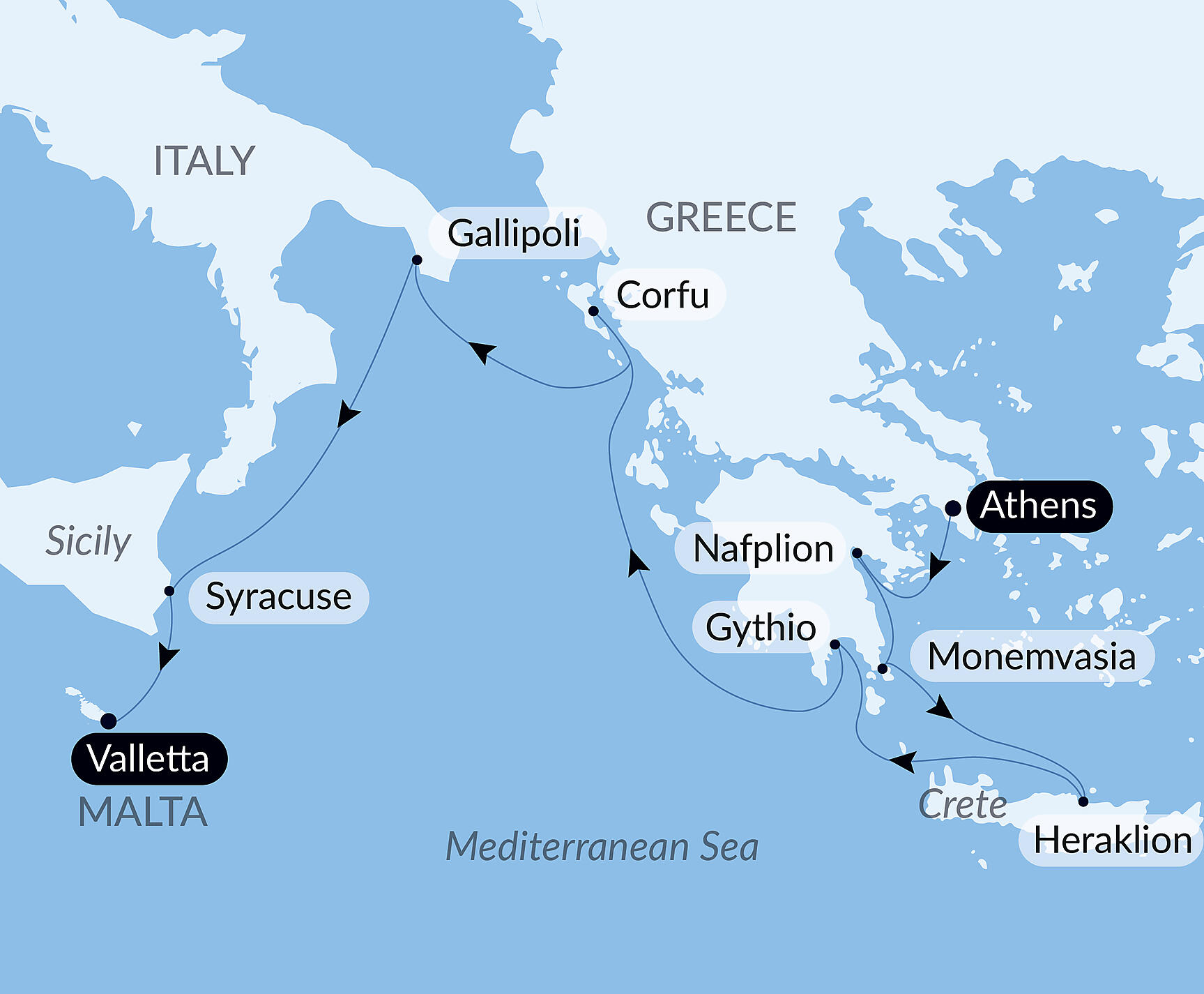 Official PONANT route map for Ancient Cities of the Mediterranean aboard Le Champlain, Voyage EC081126