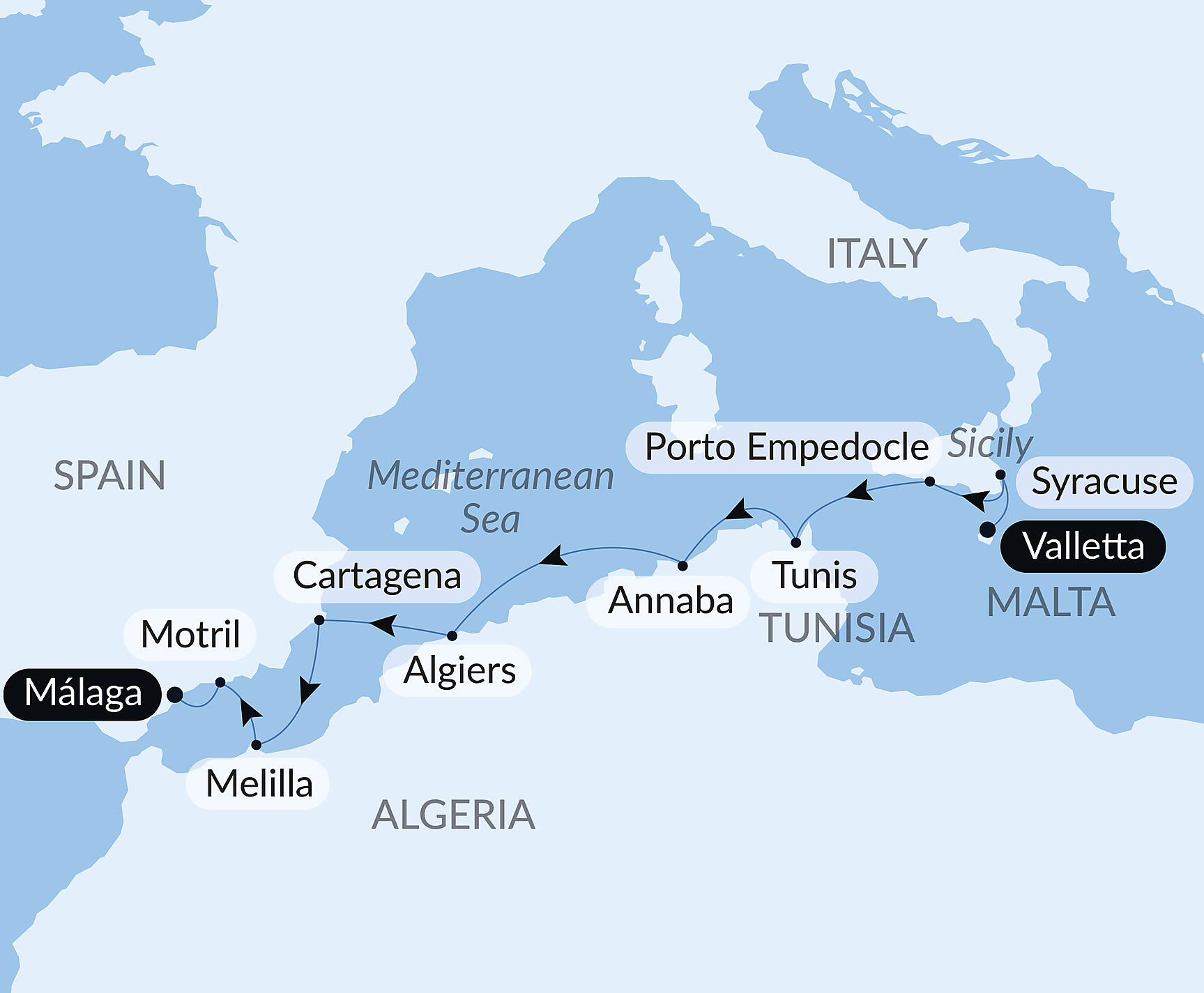 Official PONANT route map for Ancient shores of the Mediterranean aboard Le Champlain, Voyage EC161126