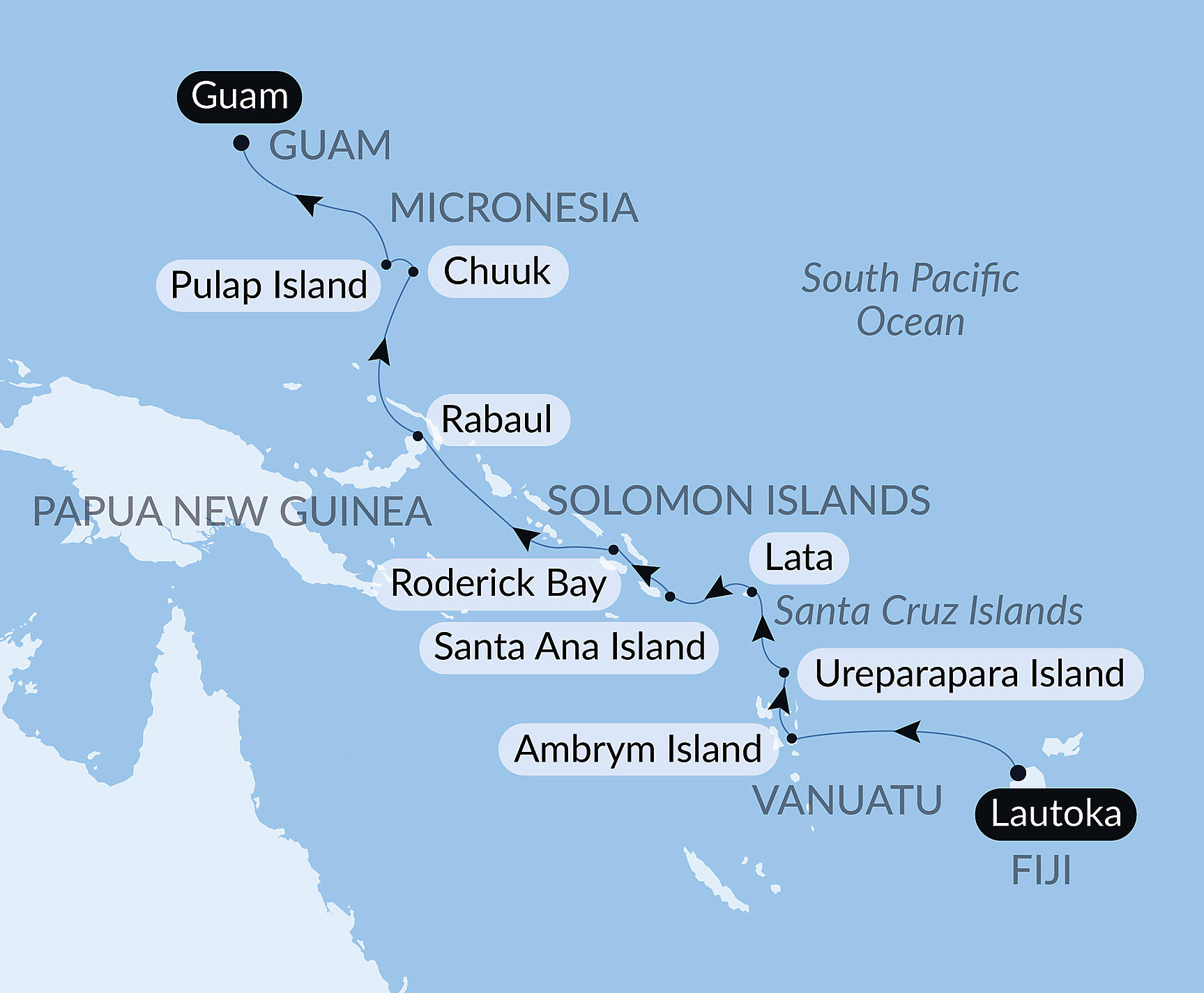 Official PONANT route map for From Fiji to Micronesia aboard Le Soléal, Voyage SO220227