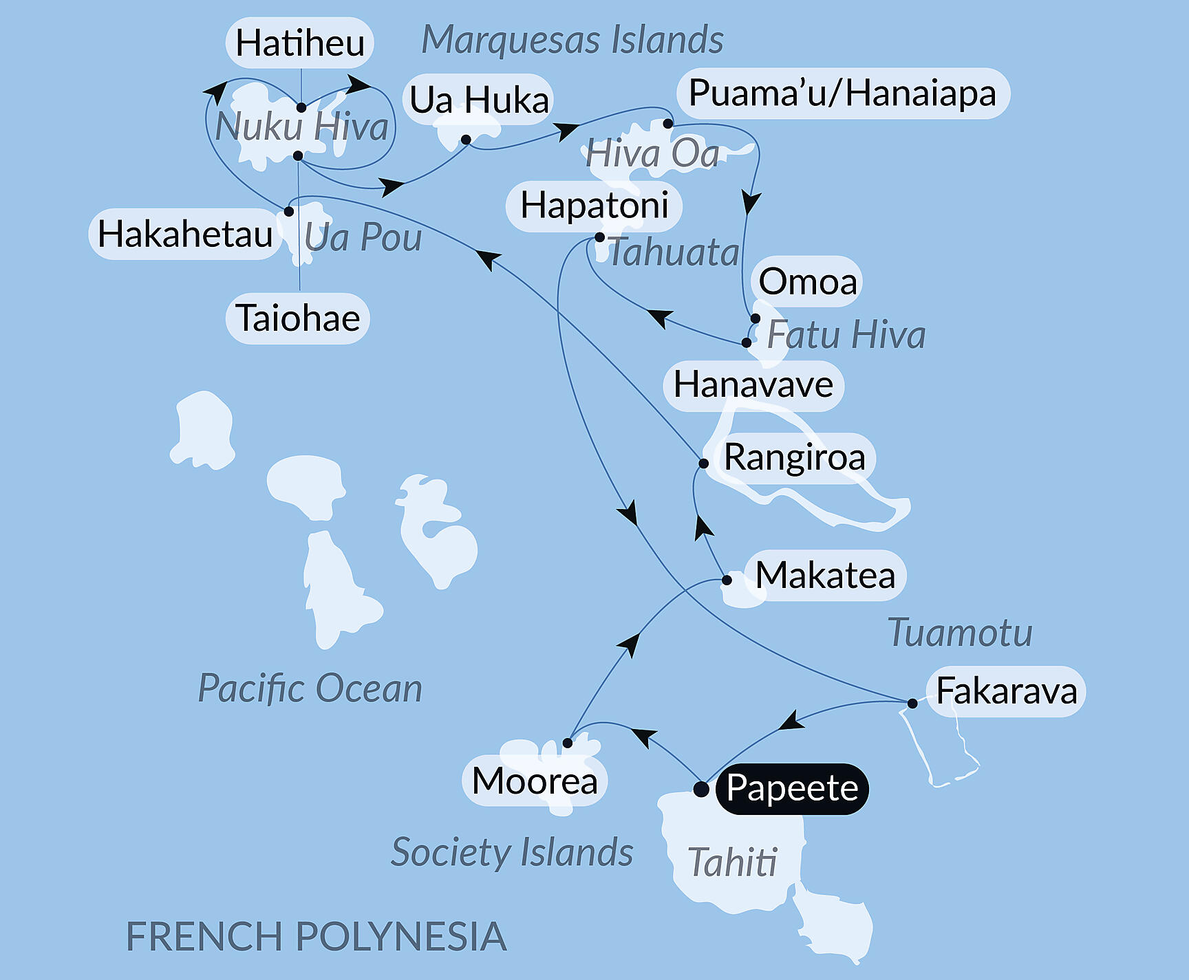 Official PONANT route map for Polynesian Bliss : Marquesas and Tuamotu aboard Le Jacques Cartier, Voyage EX240127