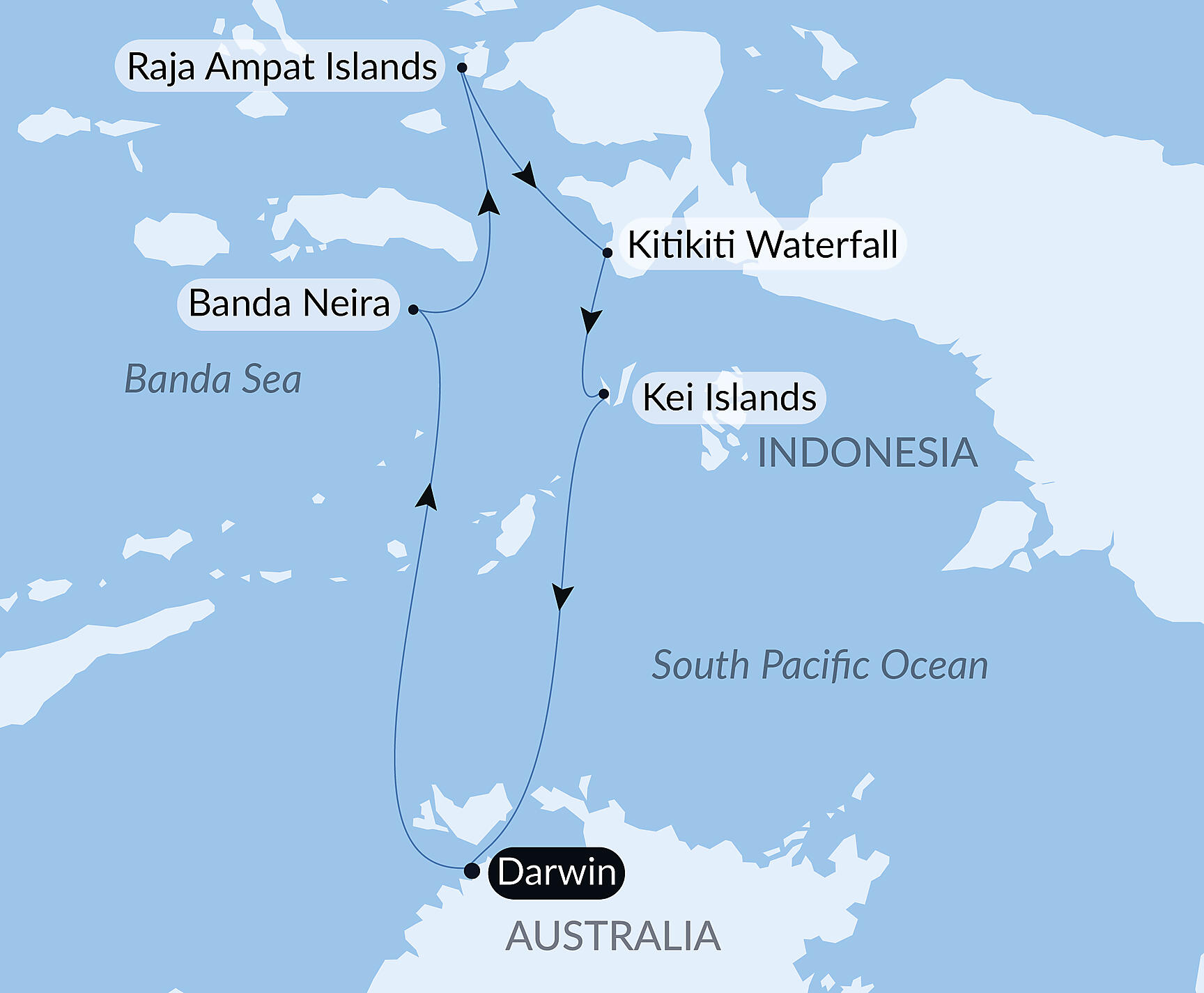 Official PONANT route map for Raja Ampat and the Spice Islands aboard Le Soléal, Voyage SO170926